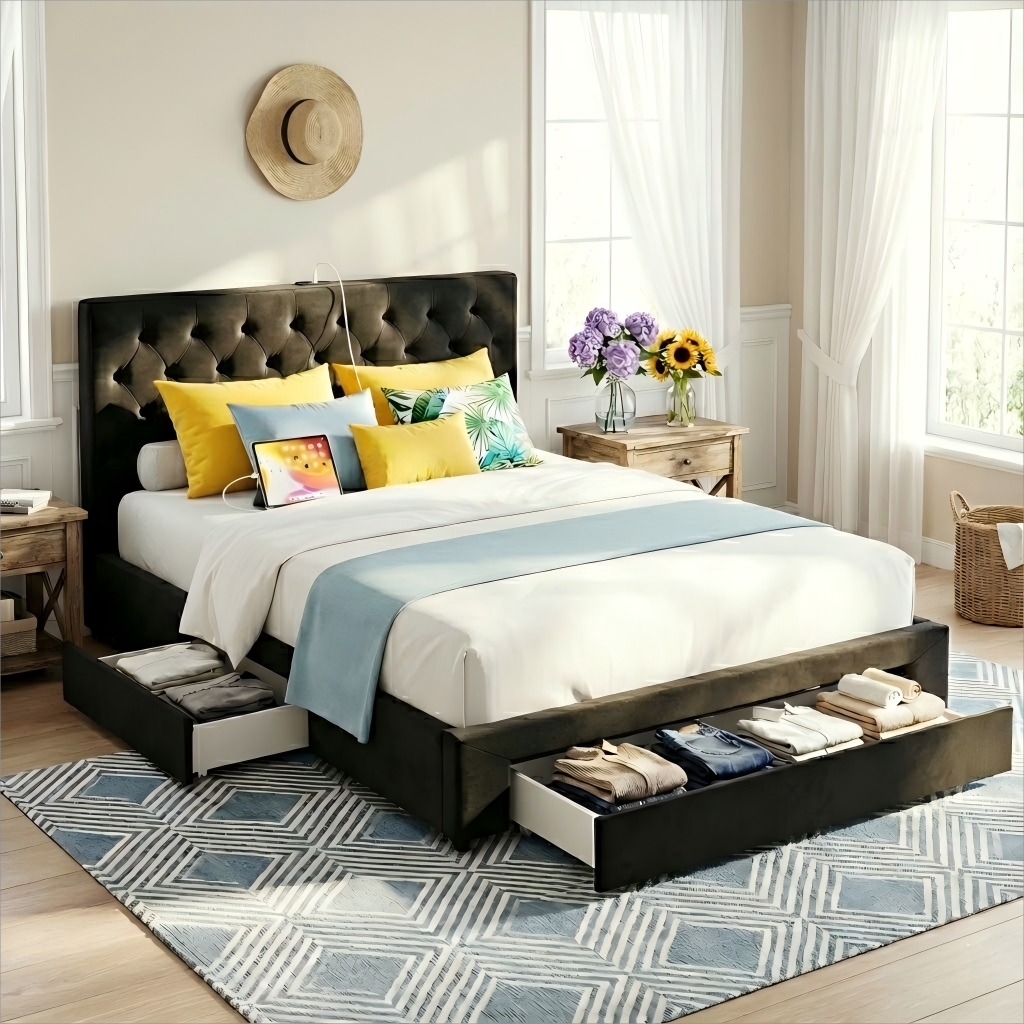 Artiss Queen Bed Frame Storage Charging Station Upholstered 3 Drawers USB Type-C Bedworld