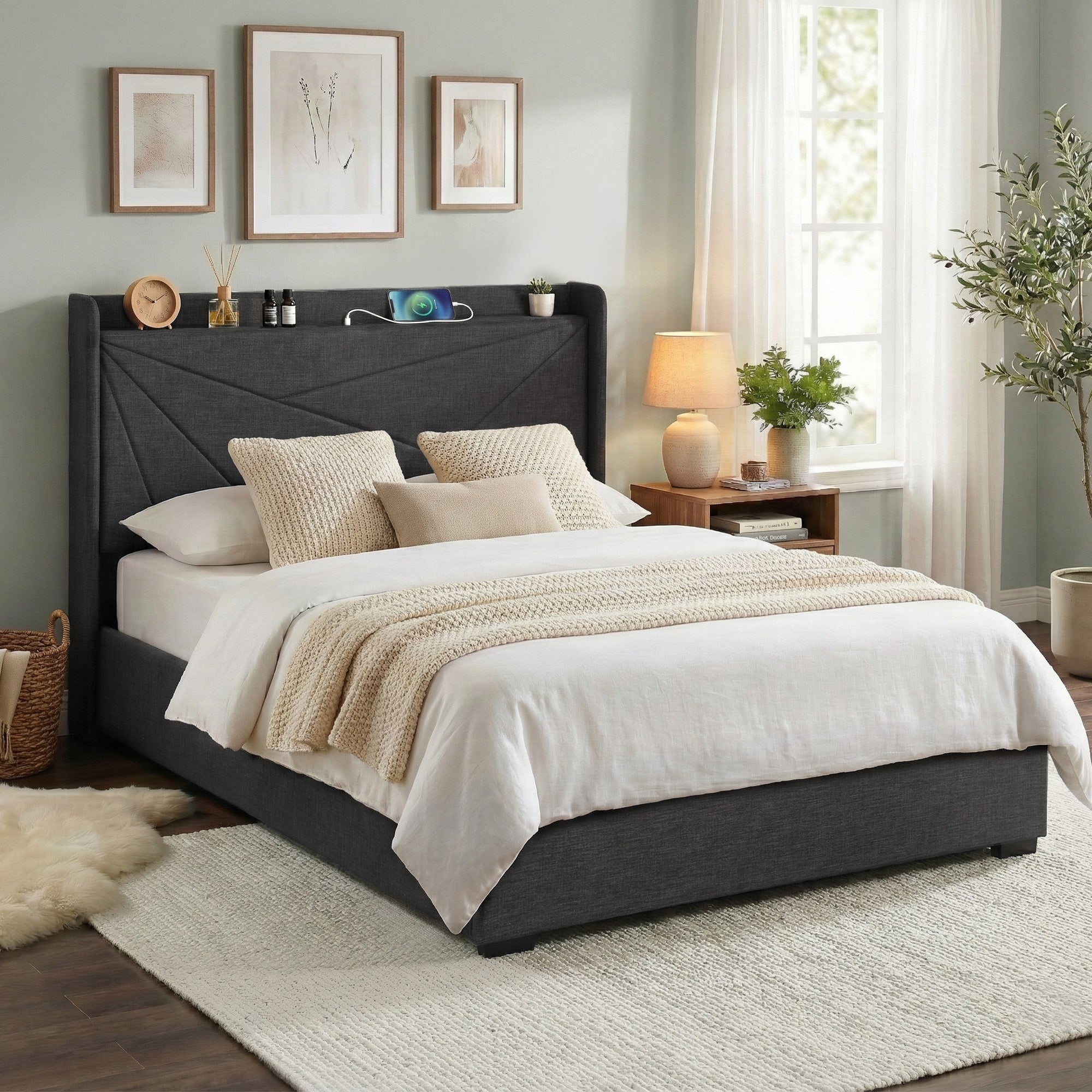 Artiss Double Bed Frame Gas Lift Storage Bed with Charging Ports Upholstered Geometric Headboard Charcoal Grey Bedworld