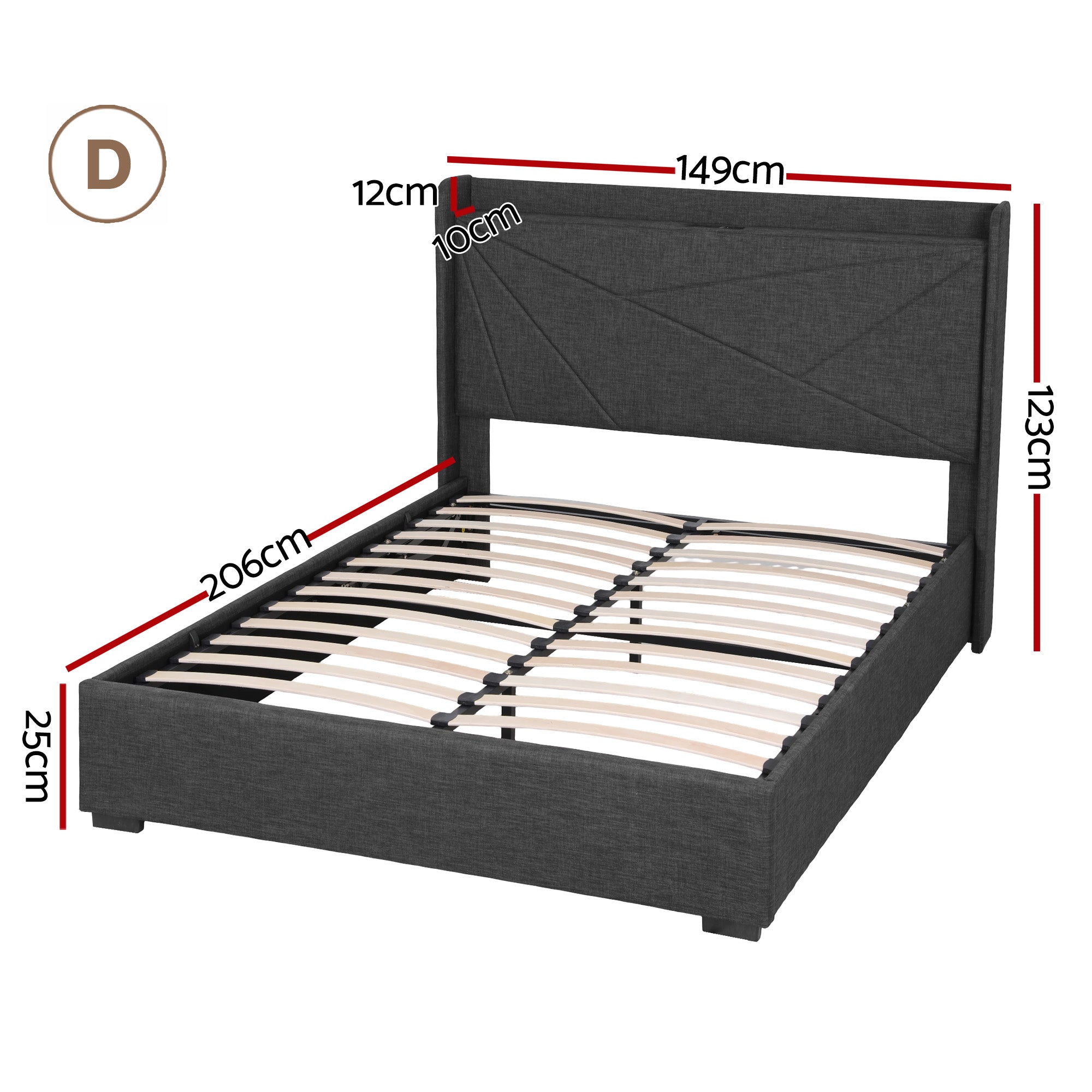 Artiss Double Bed Frame Gas Lift Storage Bed with Charging Ports Upholstered Geometric Headboard Charcoal Grey Bedworld