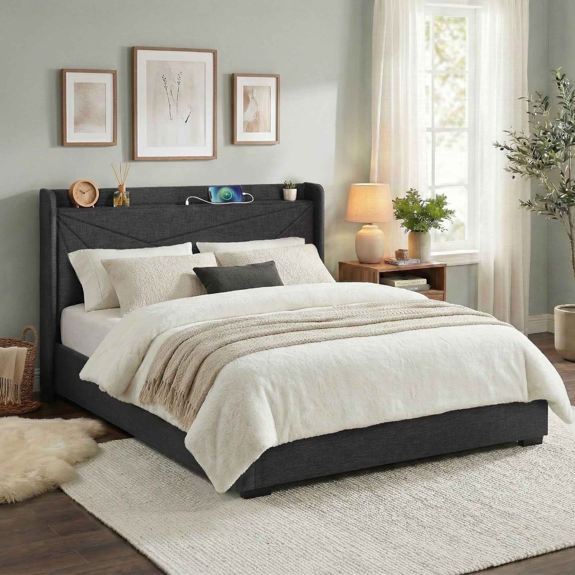 Artiss King Bed Frame Gas Lift Storage Bed with Charging Ports Upholstered Geometric Headboard Charcoal Grey Bedworld