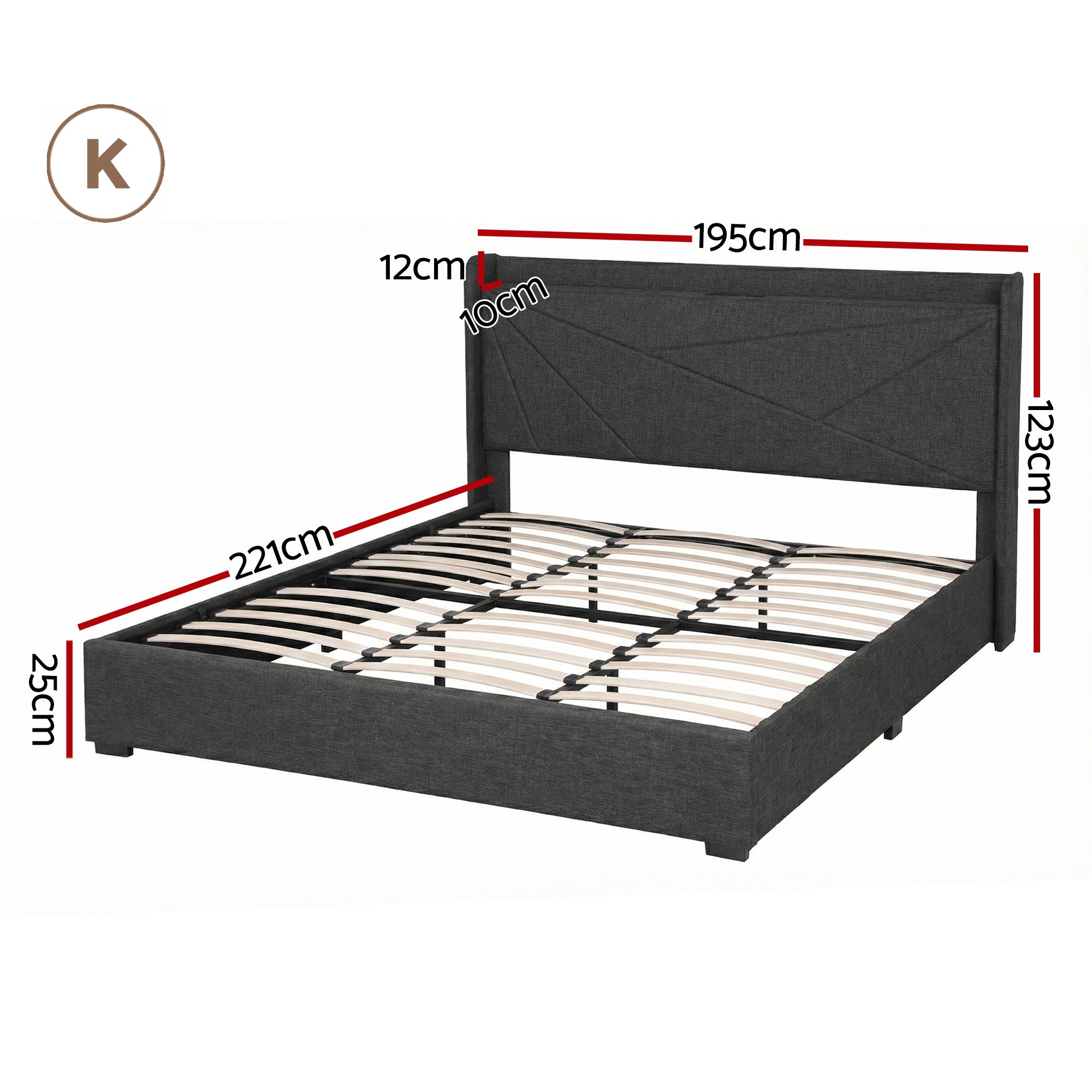 Artiss King Bed Frame Gas Lift Storage Bed with Charging Ports Upholstered Geometric Headboard Charcoal Grey Bedworld