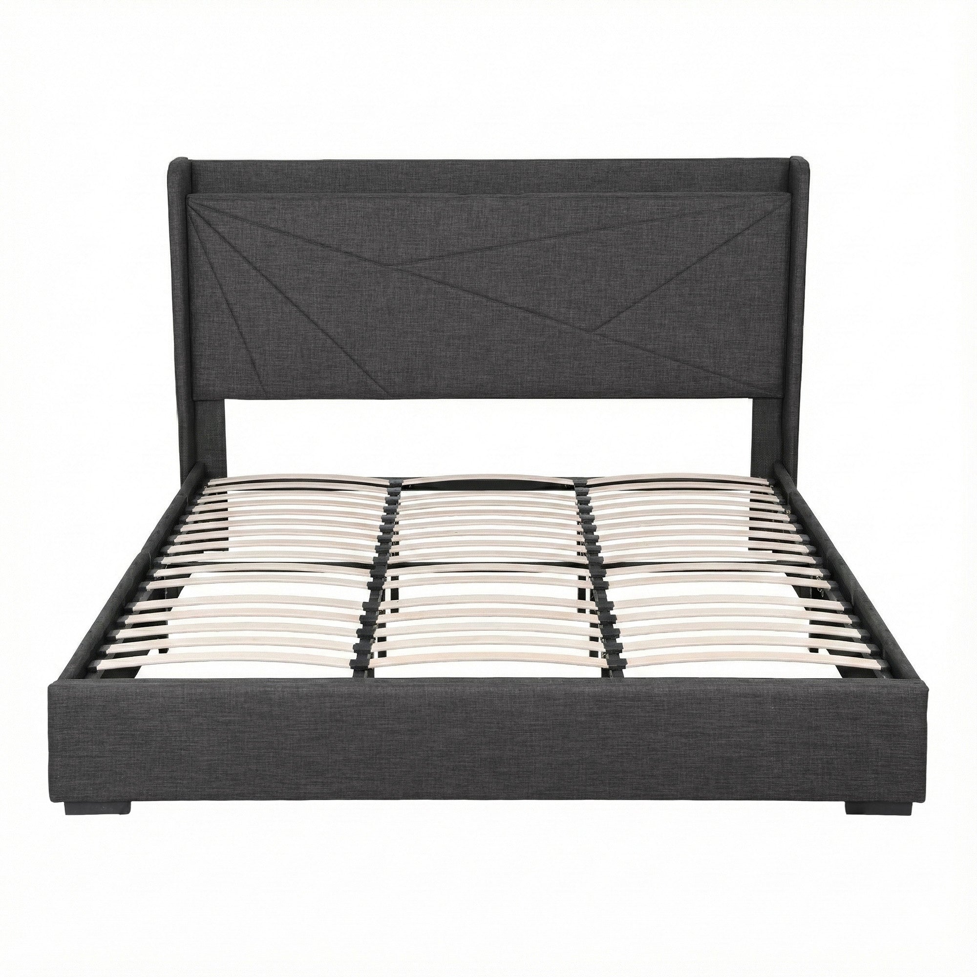 Artiss King Bed Frame Gas Lift Storage Bed with Charging Ports Upholstered Geometric Headboard Charcoal Grey Bedworld