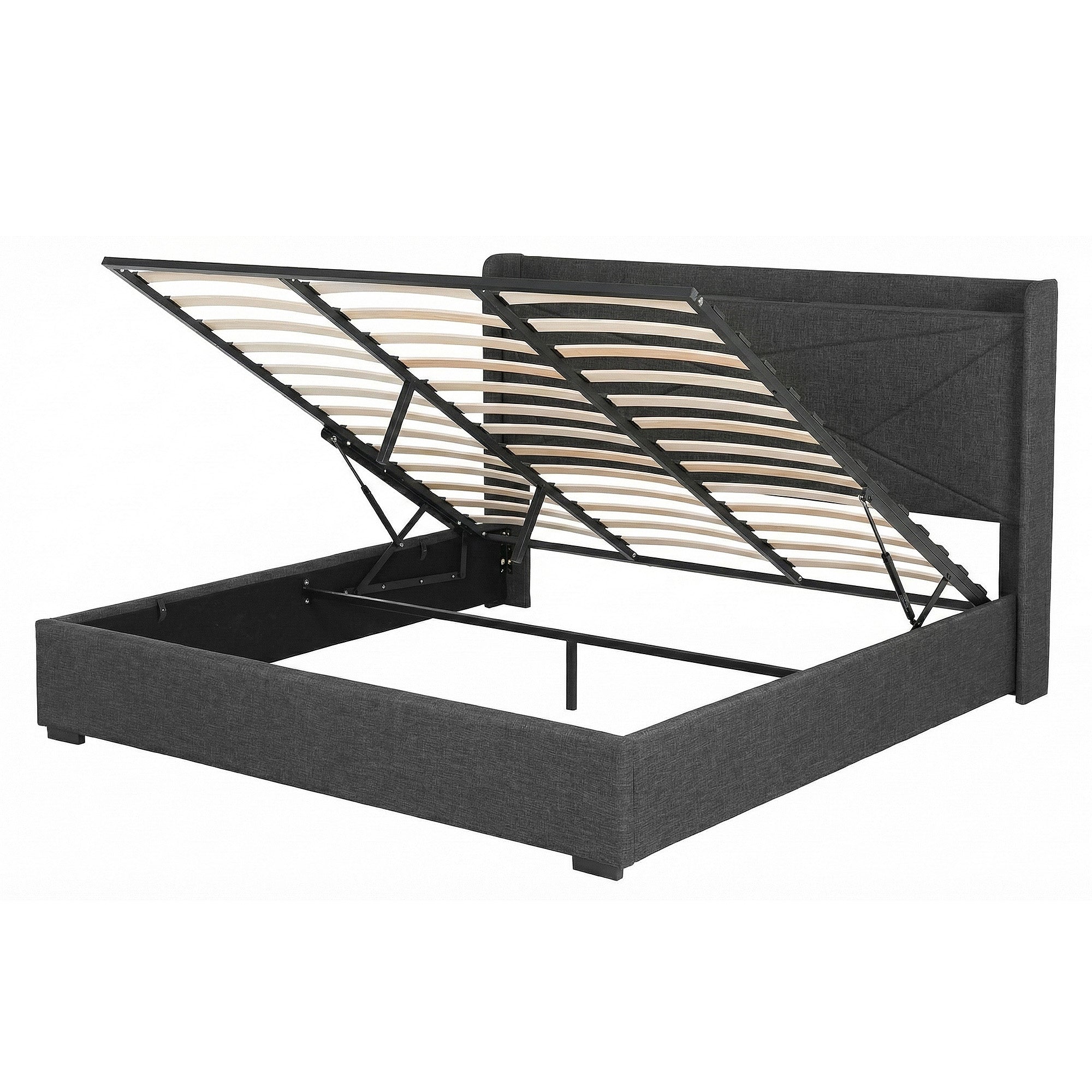 Artiss King Bed Frame Gas Lift Storage Bed with Charging Ports Upholstered Geometric Headboard Charcoal Grey Bedworld