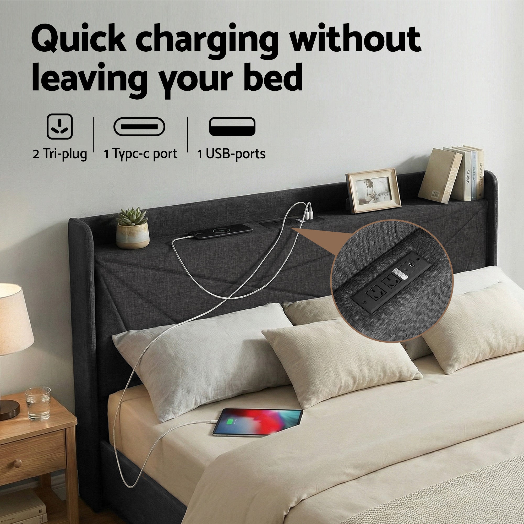 Artiss King Bed Frame Gas Lift Storage Bed with Charging Ports Upholstered Geometric Headboard Charcoal Grey Bedworld