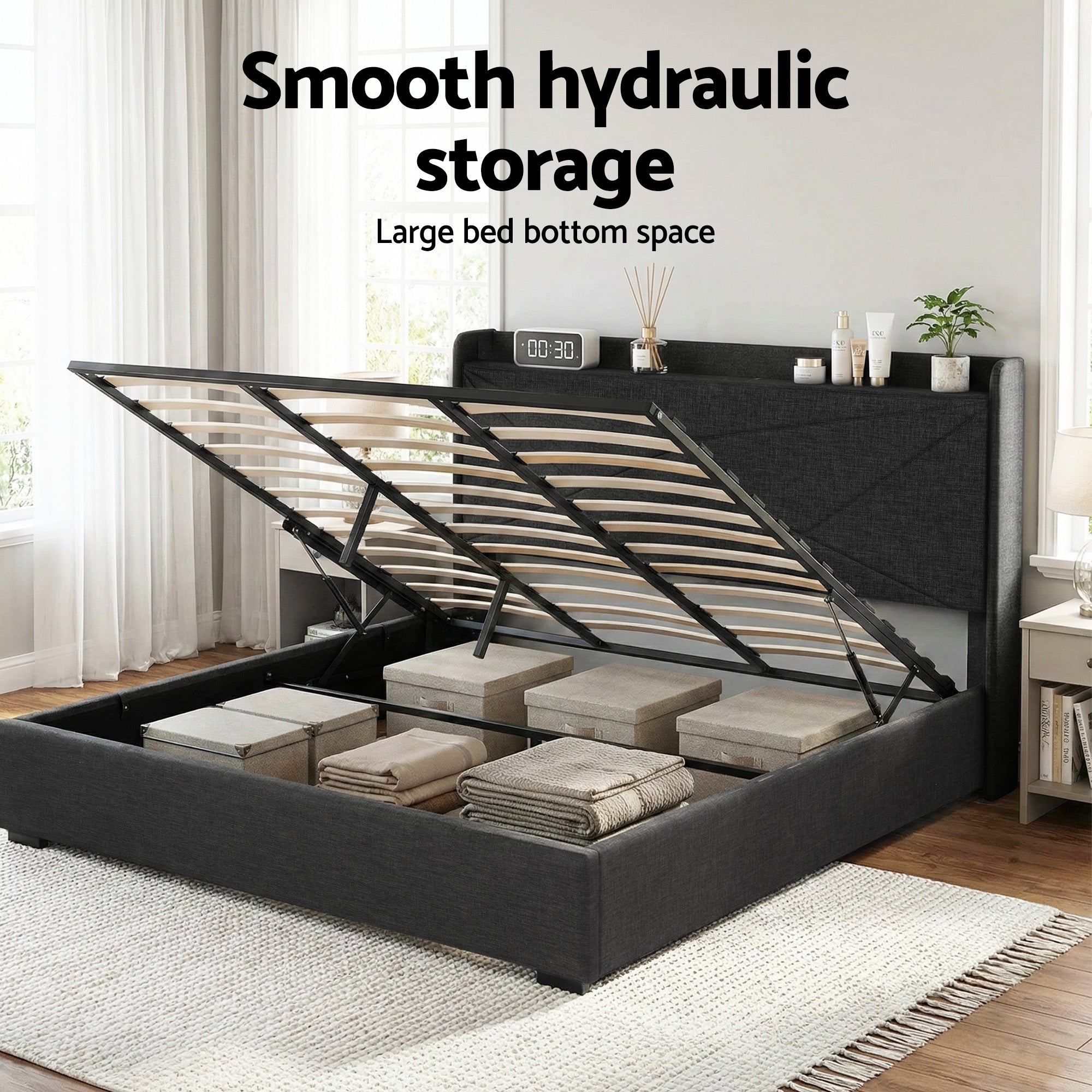 Artiss King Bed Frame Gas Lift Storage Bed with Charging Ports Upholstered Geometric Headboard Charcoal Grey Bedworld