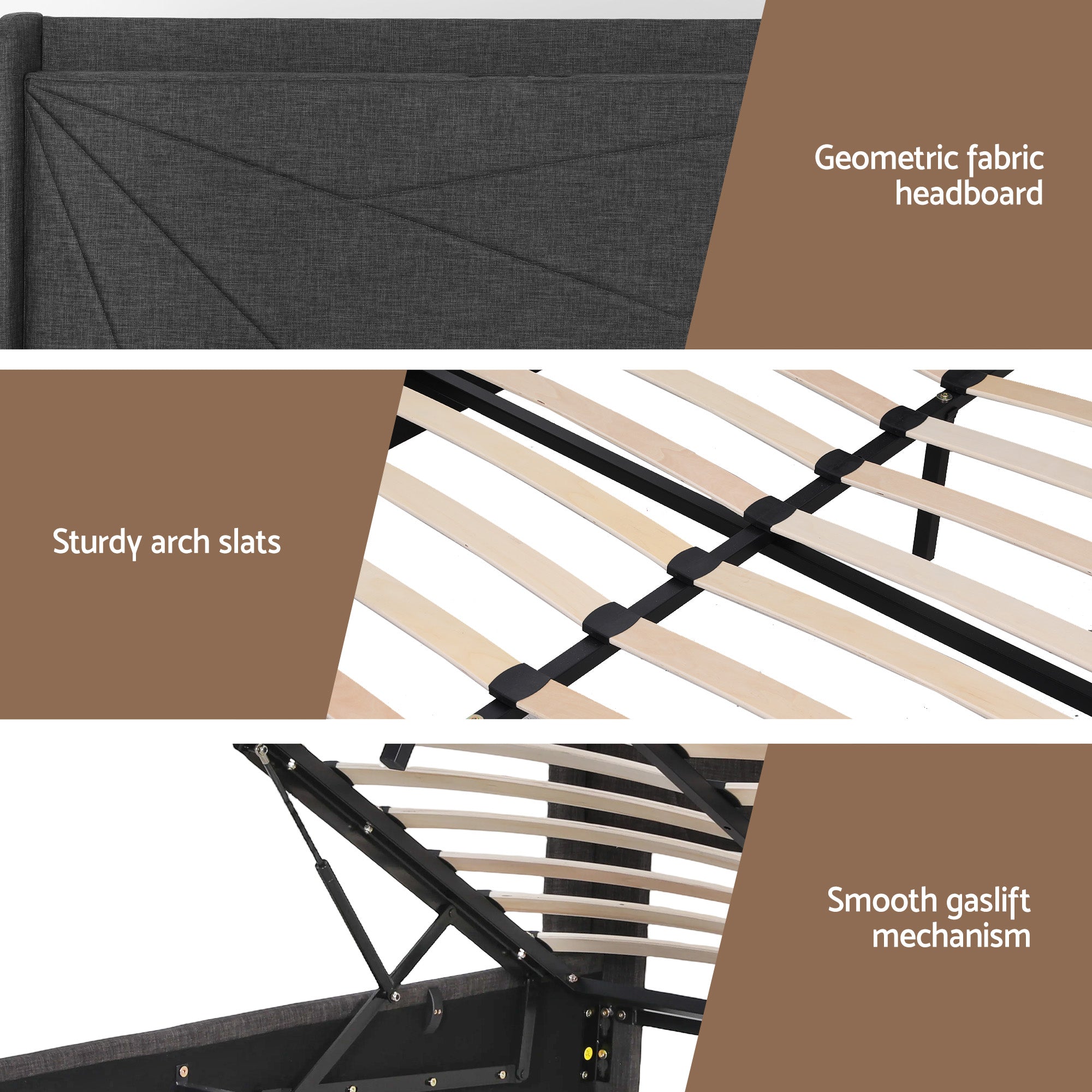 Artiss King Bed Frame Gas Lift Storage Bed with Charging Ports Upholstered Geometric Headboard Charcoal Grey Bedworld