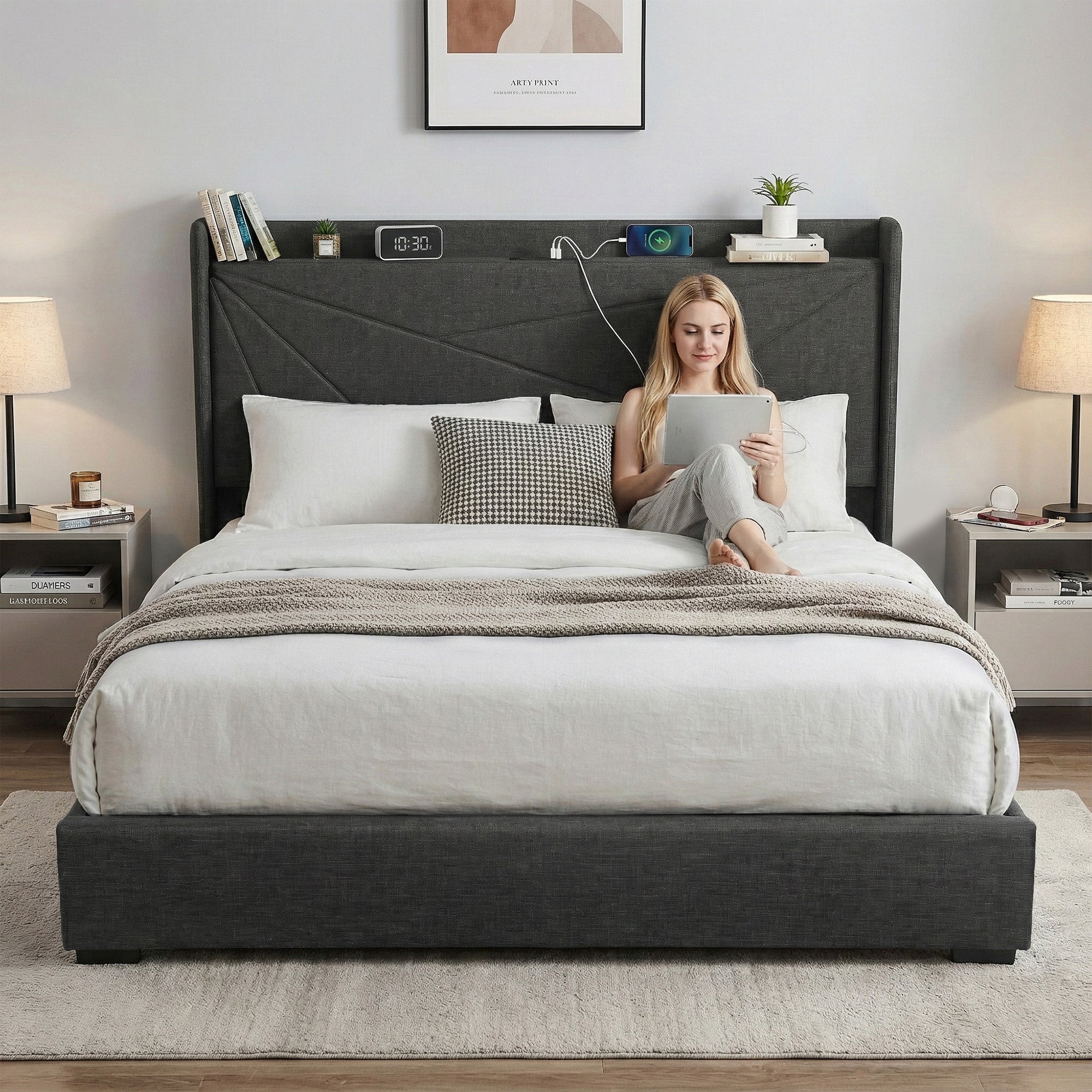 Artiss King Bed Frame Gas Lift Storage Bed with Charging Ports Upholstered Geometric Headboard Charcoal Grey Bedworld