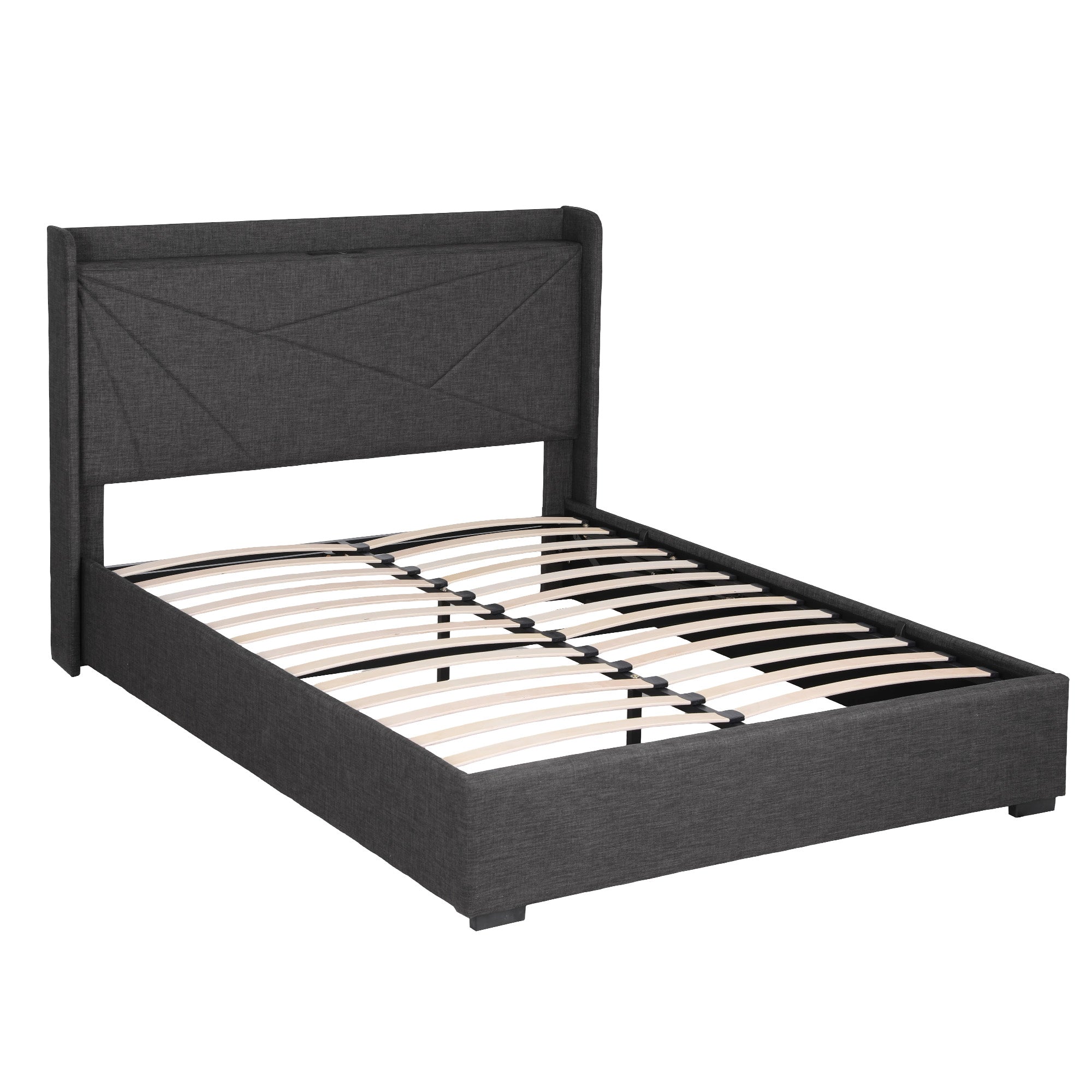 Artiss Queen Bed Frame Gas Lift Storage Bed with Charging Ports Upholstered Geometric Headboard Charcoal Grey Bedworld