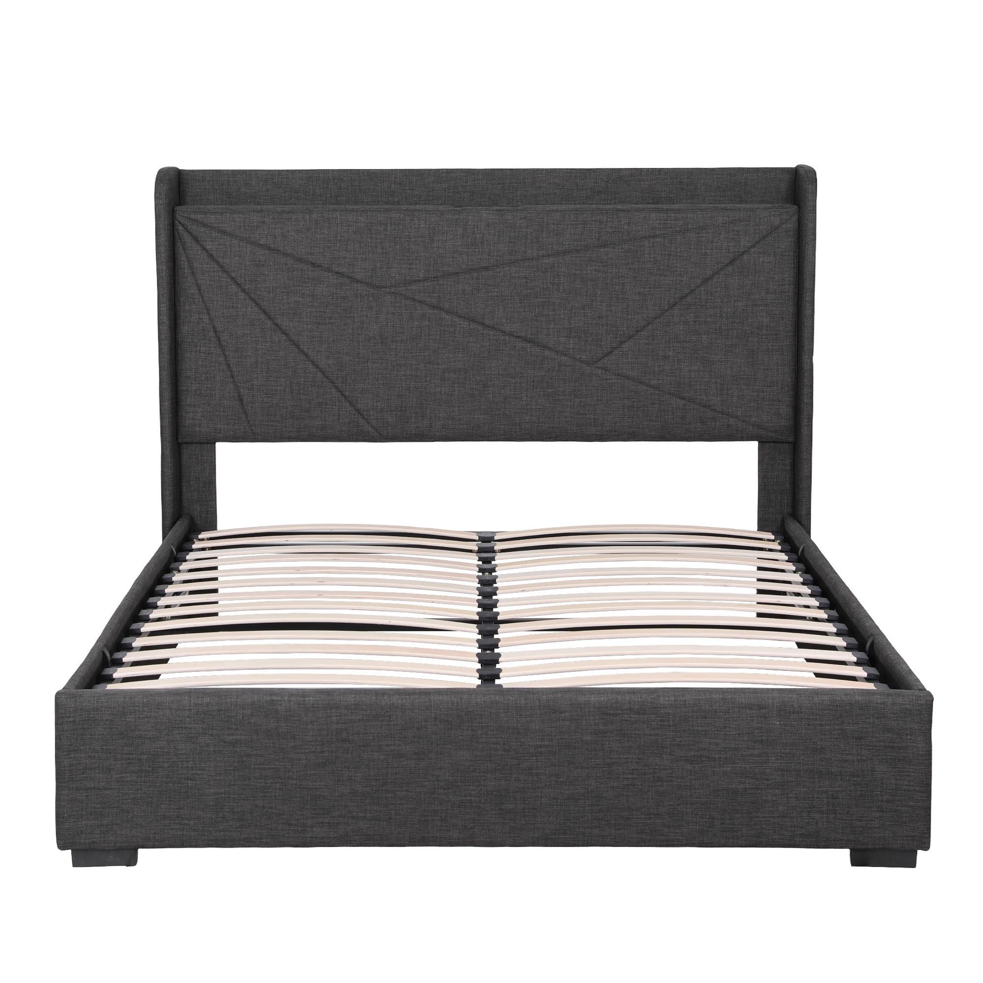 Artiss Queen Bed Frame Gas Lift Storage Bed with Charging Ports Upholstered Geometric Headboard Charcoal Grey Bedworld