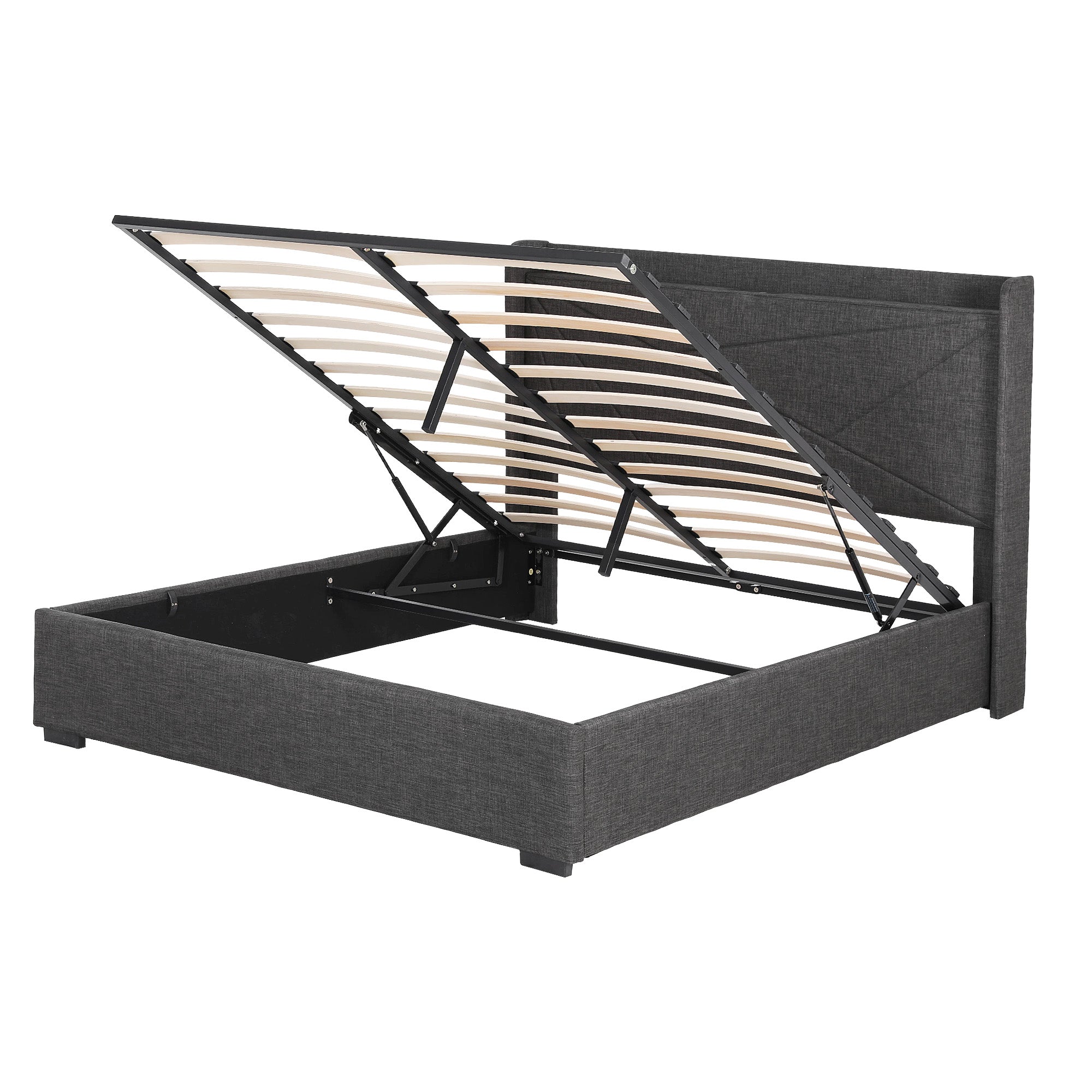 Artiss Queen Bed Frame Gas Lift Storage Bed with Charging Ports Upholstered Geometric Headboard Charcoal Grey Bedworld