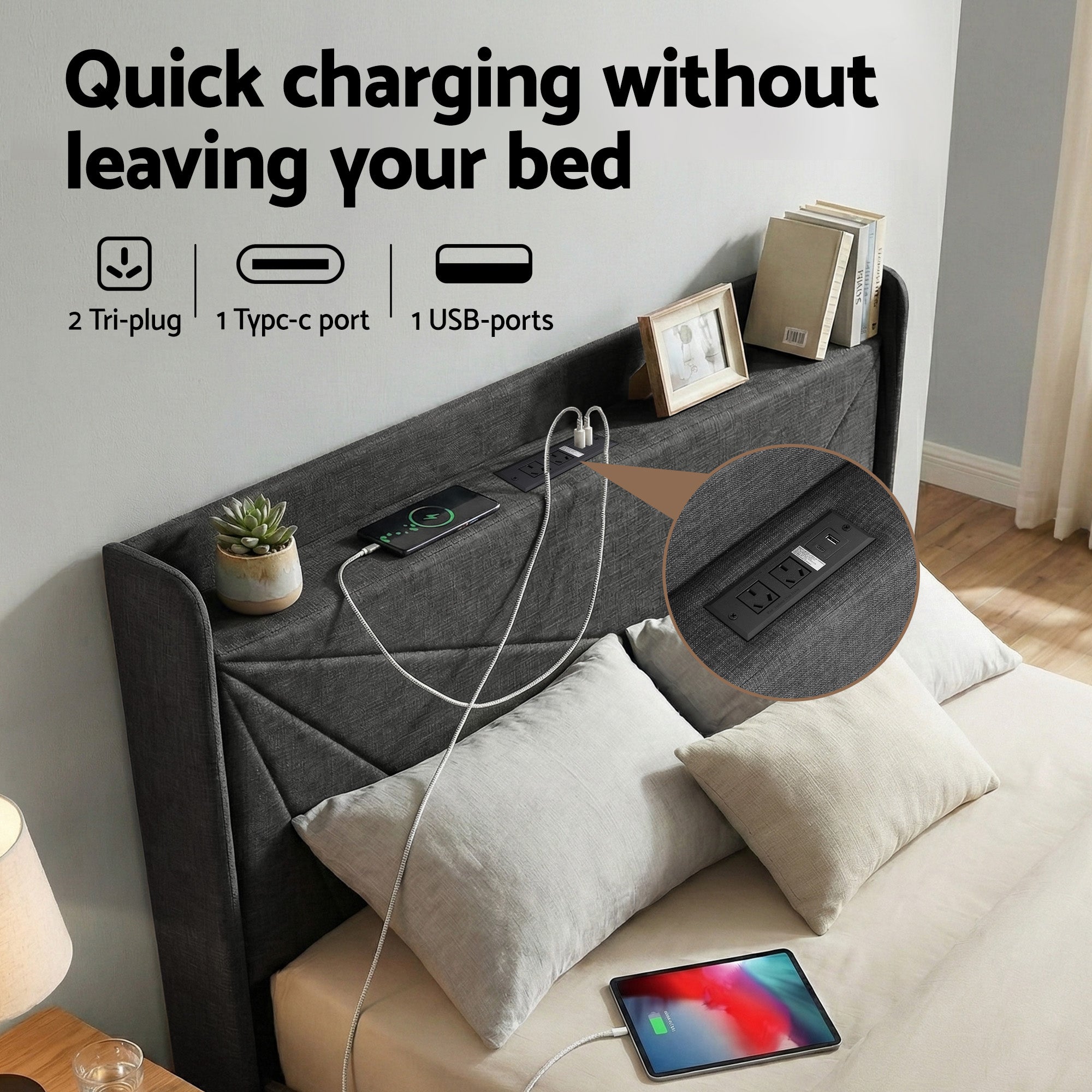 Artiss Queen Bed Frame Gas Lift Storage Bed with Charging Ports Upholstered Geometric Headboard Charcoal Grey Bedworld
