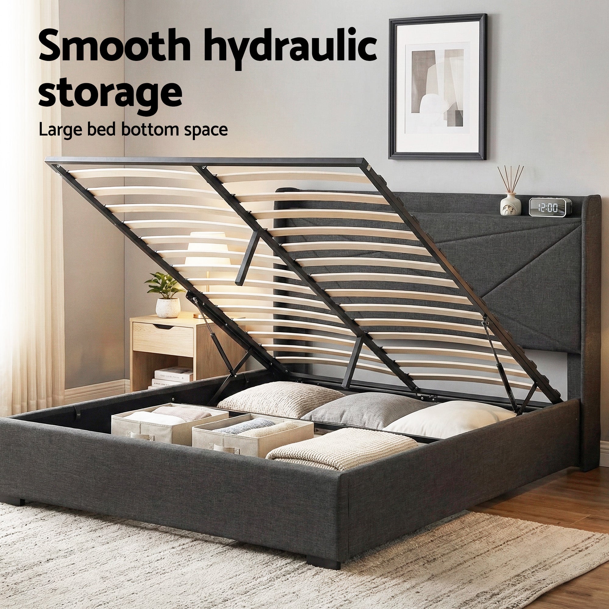 Artiss Queen Bed Frame Gas Lift Storage Bed with Charging Ports Upholstered Geometric Headboard Charcoal Grey Bedworld