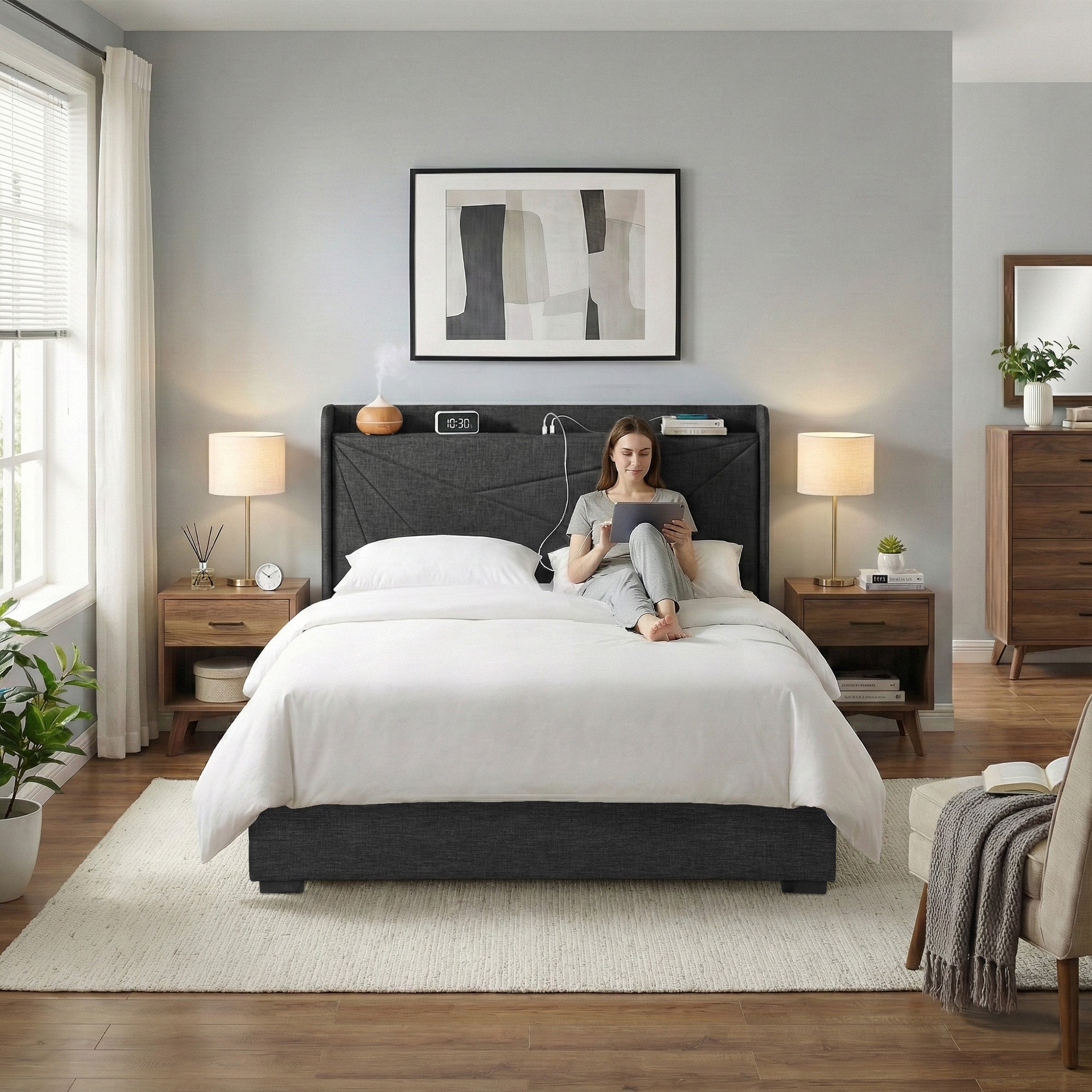 Artiss Queen Bed Frame Gas Lift Storage Bed with Charging Ports Upholstered Geometric Headboard Charcoal Grey Bedworld