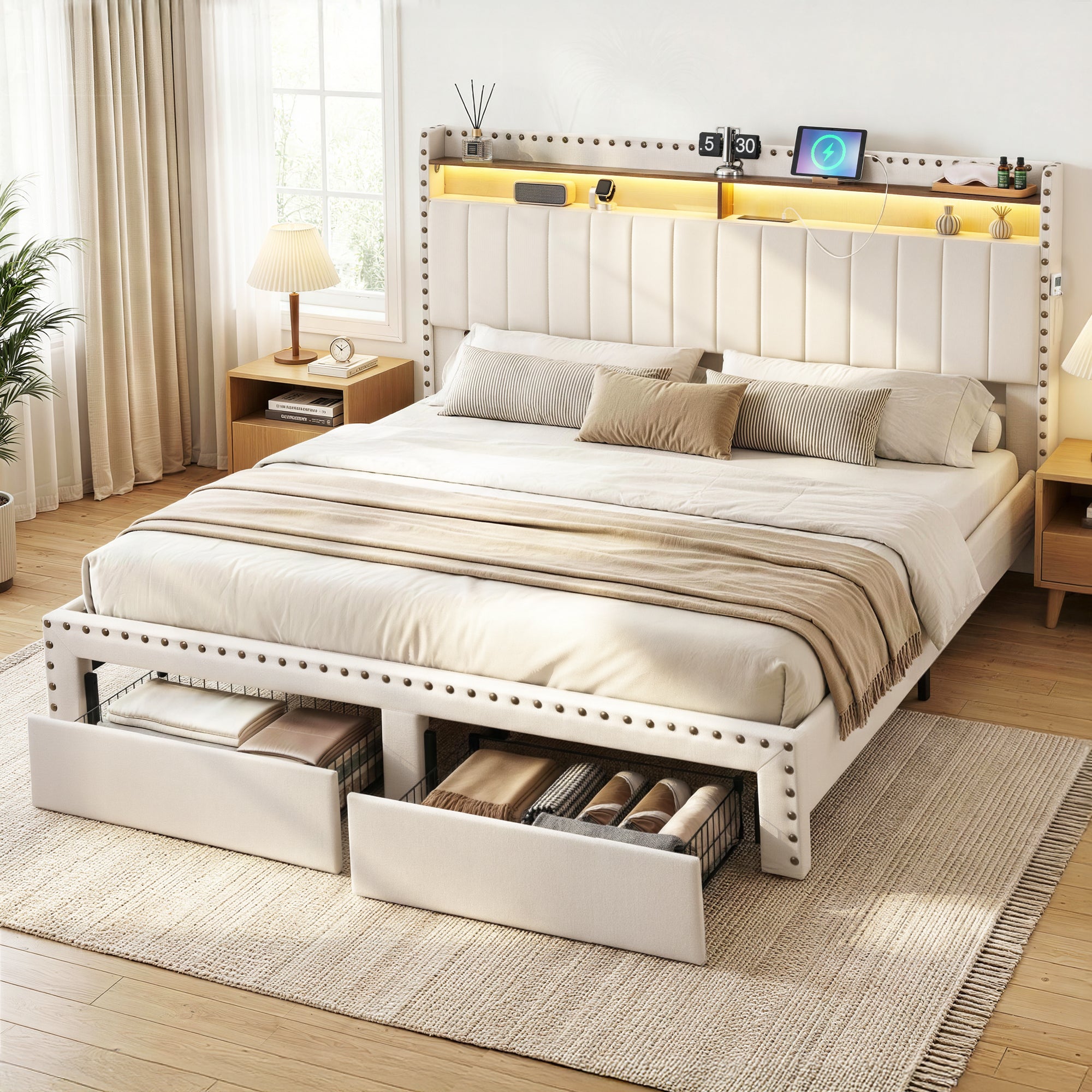 Artiss King Upholstered Bed Frame with Shelf Storage Drawers Charging Station Mood Lighting Linen Bedworld