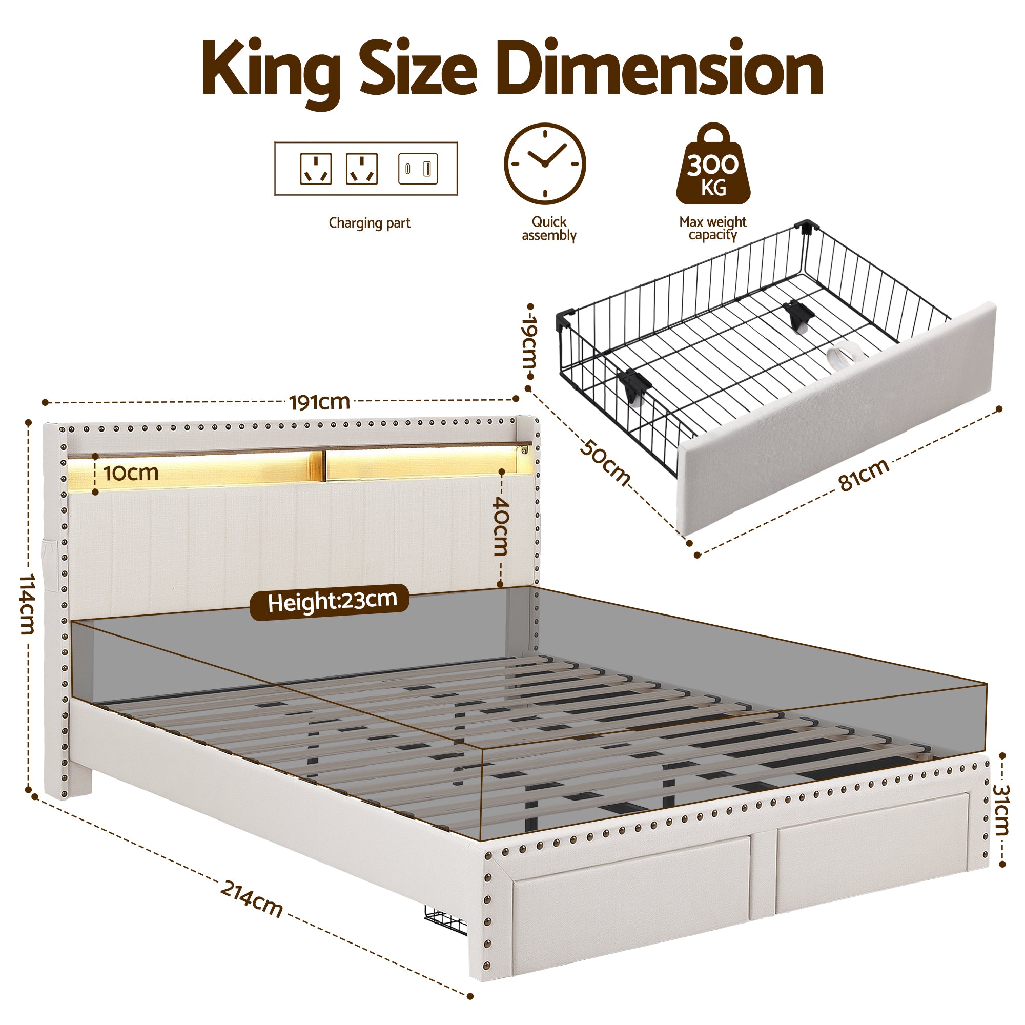 Artiss King Upholstered Bed Frame with Shelf Storage Drawers Charging Station Mood Lighting Linen Bedworld