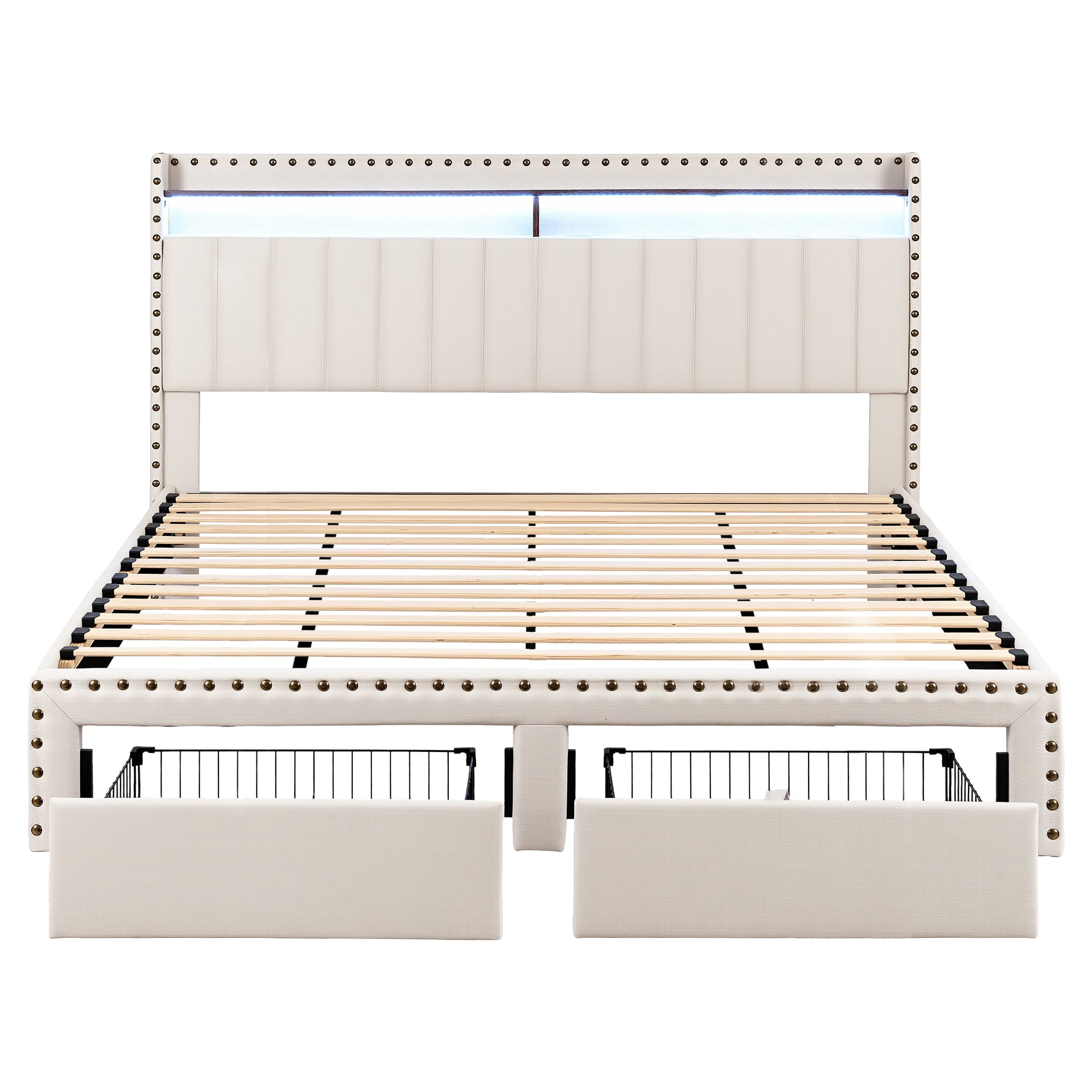 Artiss King Upholstered Bed Frame with Shelf Storage Drawers Charging Station Mood Lighting Linen Bedworld