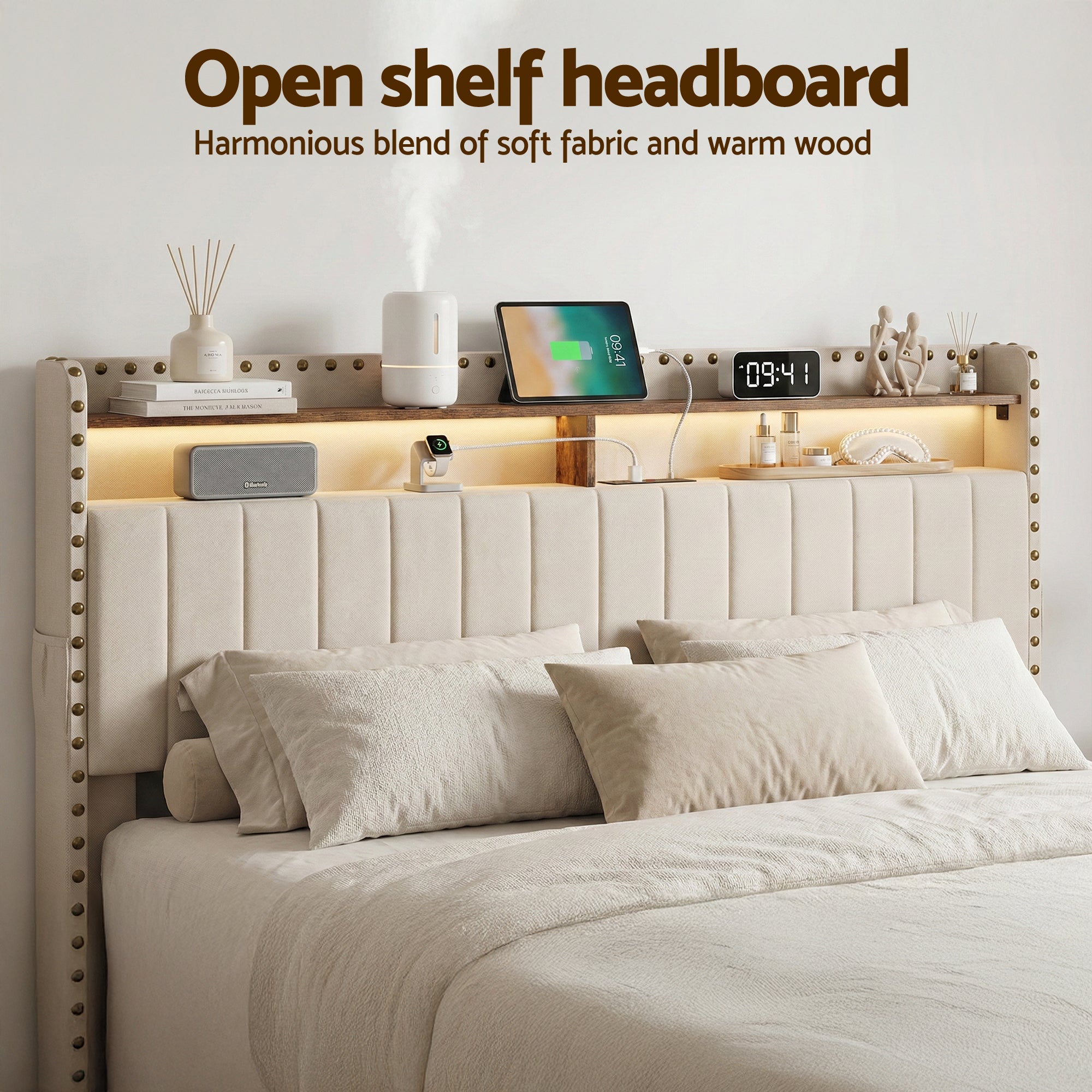 Artiss King Upholstered Bed Frame with Shelf Storage Drawers Charging Station Mood Lighting Linen Bedworld