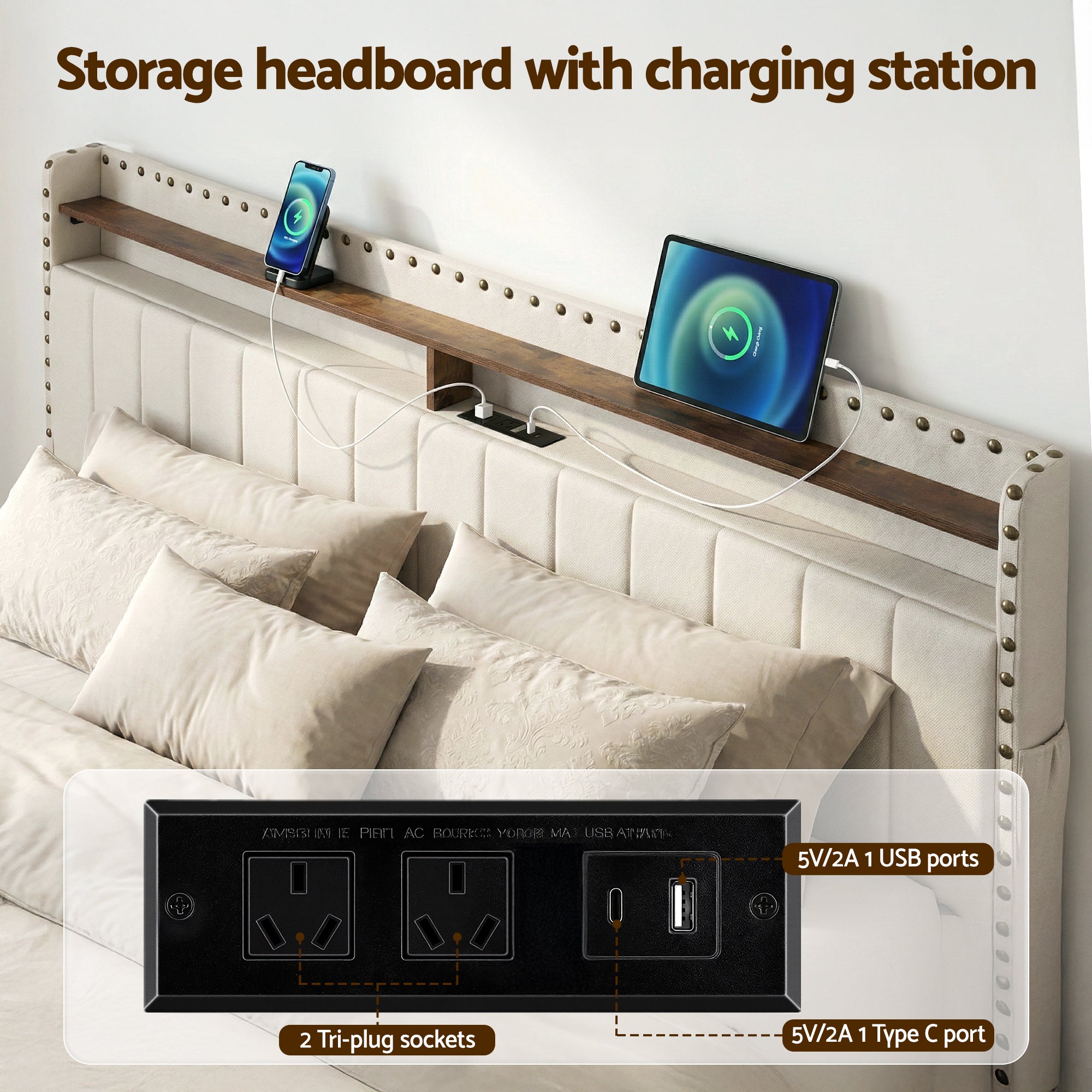 Artiss King Upholstered Bed Frame with Shelf Storage Drawers Charging Station Mood Lighting Linen Bedworld