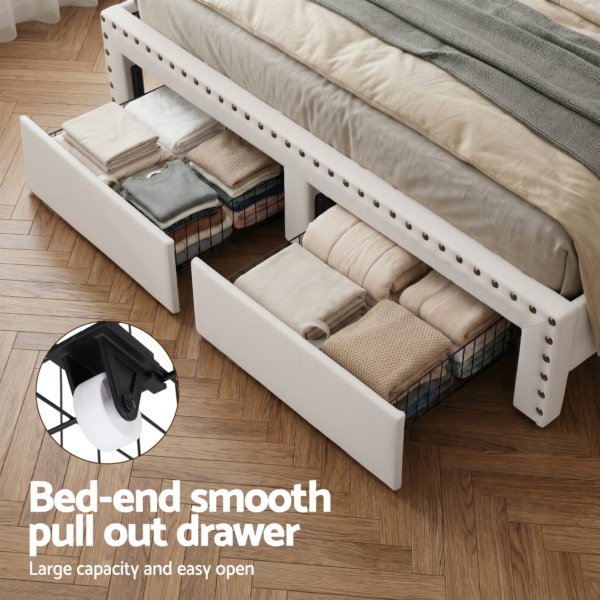 Artiss King Upholstered Bed Frame with Shelf Storage Drawers Charging Station Mood Lighting Linen Bedworld