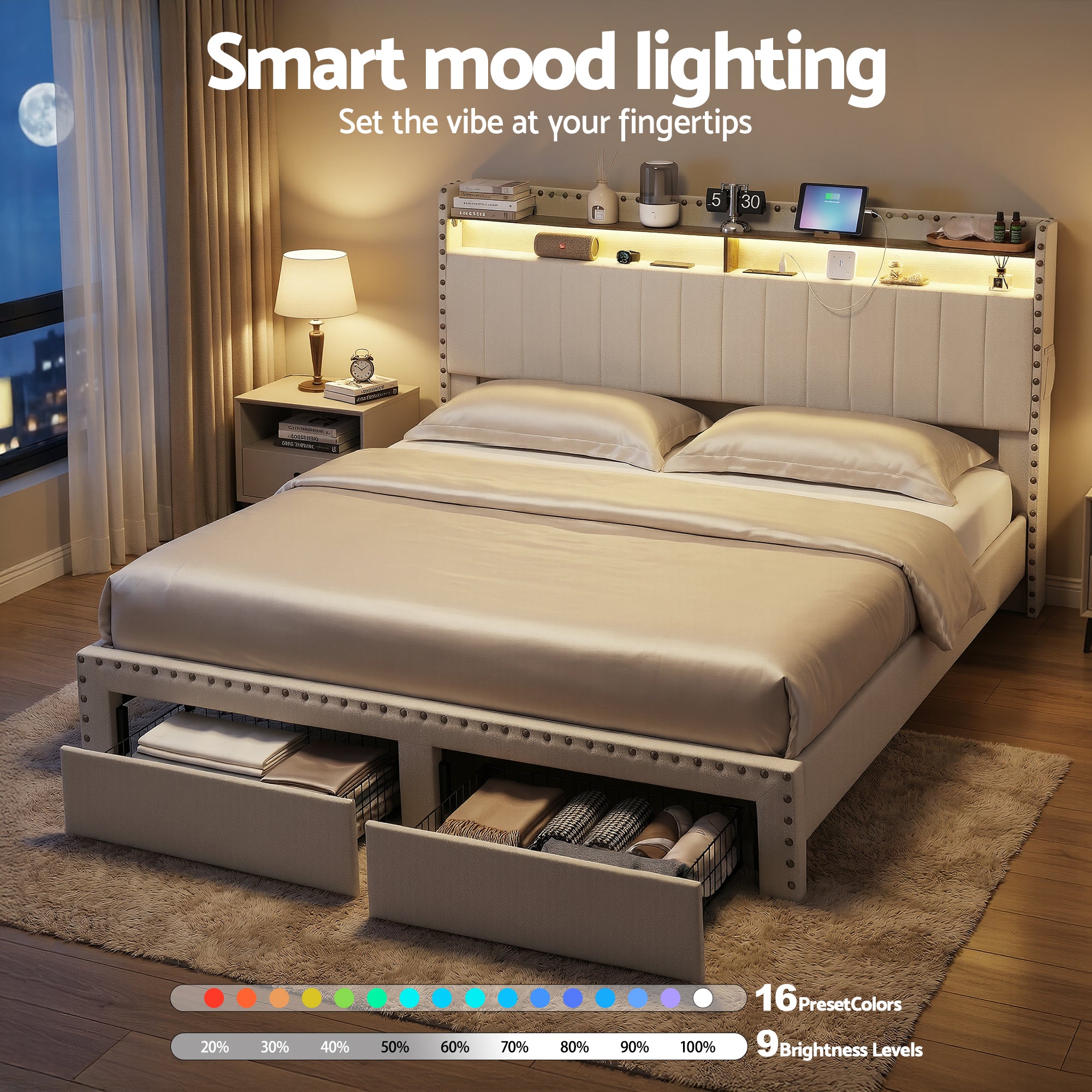 Artiss King Upholstered Bed Frame with Shelf Storage Drawers Charging Station Mood Lighting Linen Bedworld