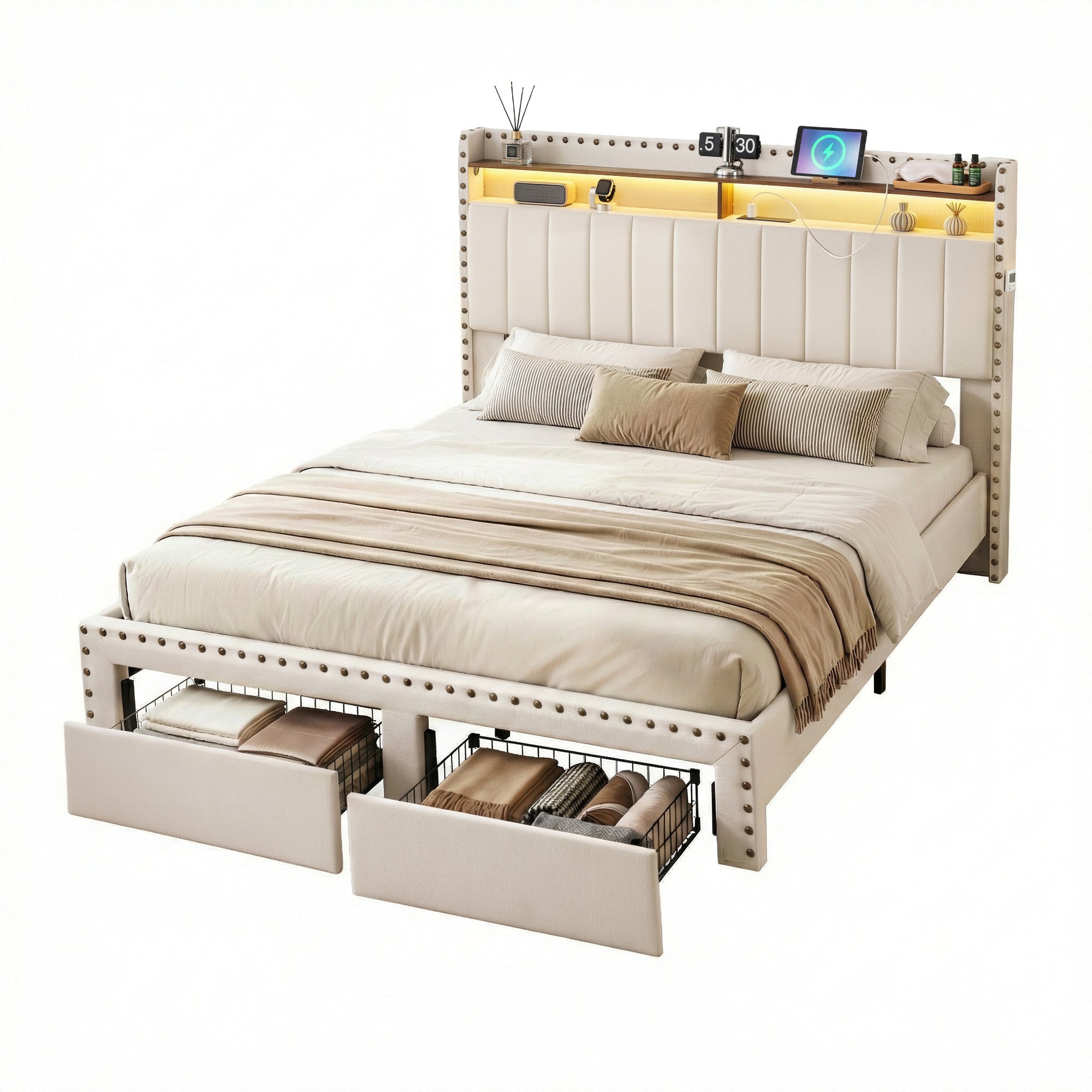Artiss King Upholstered Bed Frame with Shelf Storage Drawers Charging Station Mood Lighting Linen Bedworld