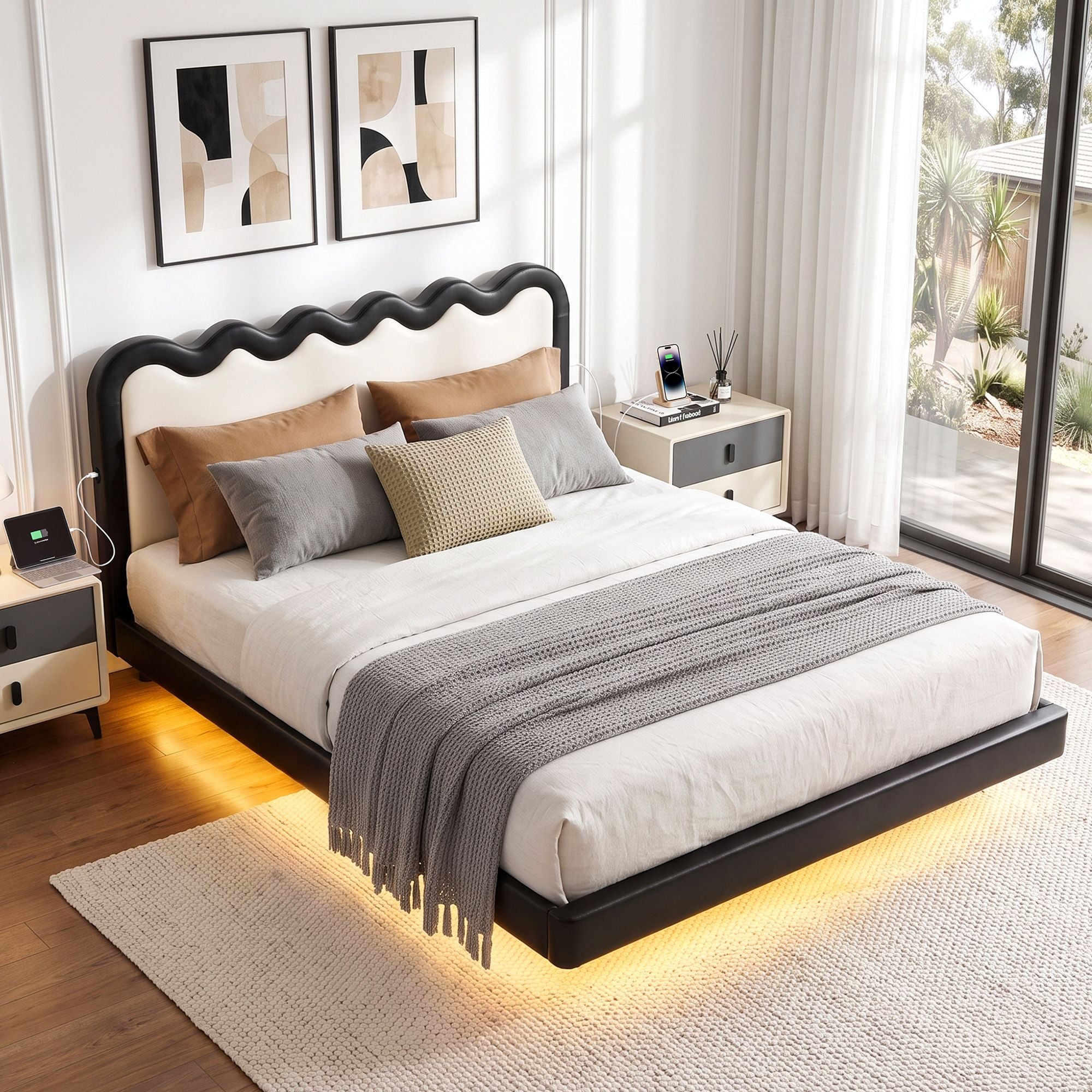 Artiss Double Bed Frame, Floating Design with RGB LED and USB Charging Bedworld