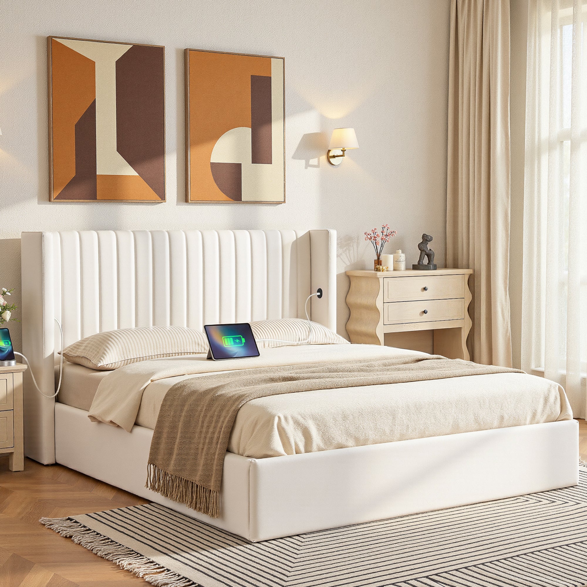 Artiss Double Bed Frame with Gaslift Storage USB Type-C Charging Ports Velvet Upholstery White Bedworld
