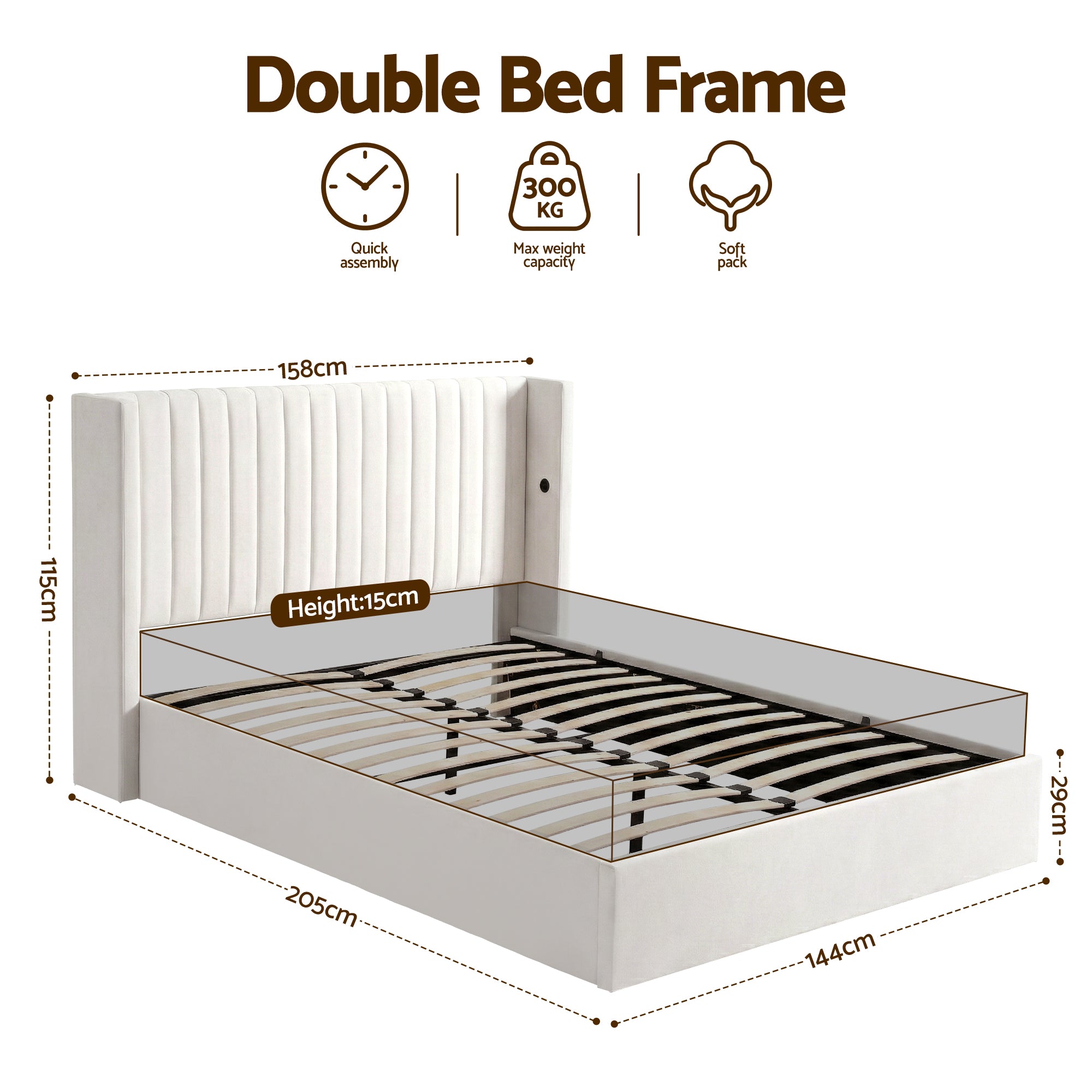 Artiss Double Bed Frame with Gaslift Storage USB Type-C Charging Ports Velvet Upholstery White Bedworld