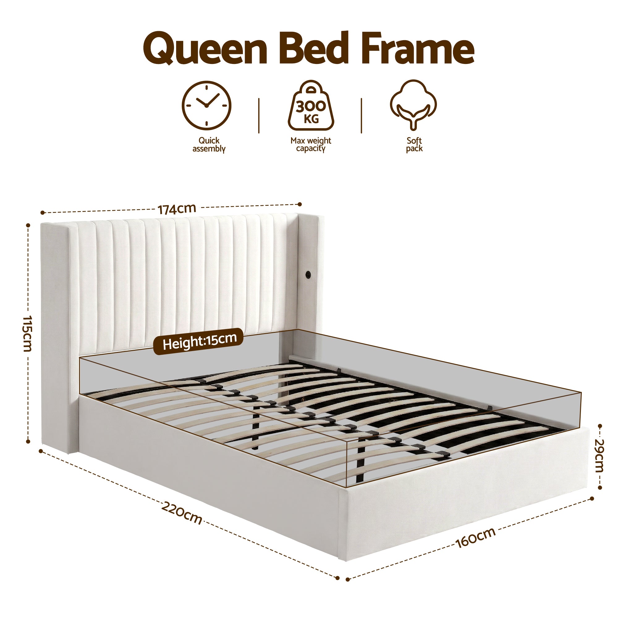 Artiss Queen Bed Frame with Gaslift Storage USB Type-C Charging Ports Velvet Upholstery White Bedworld