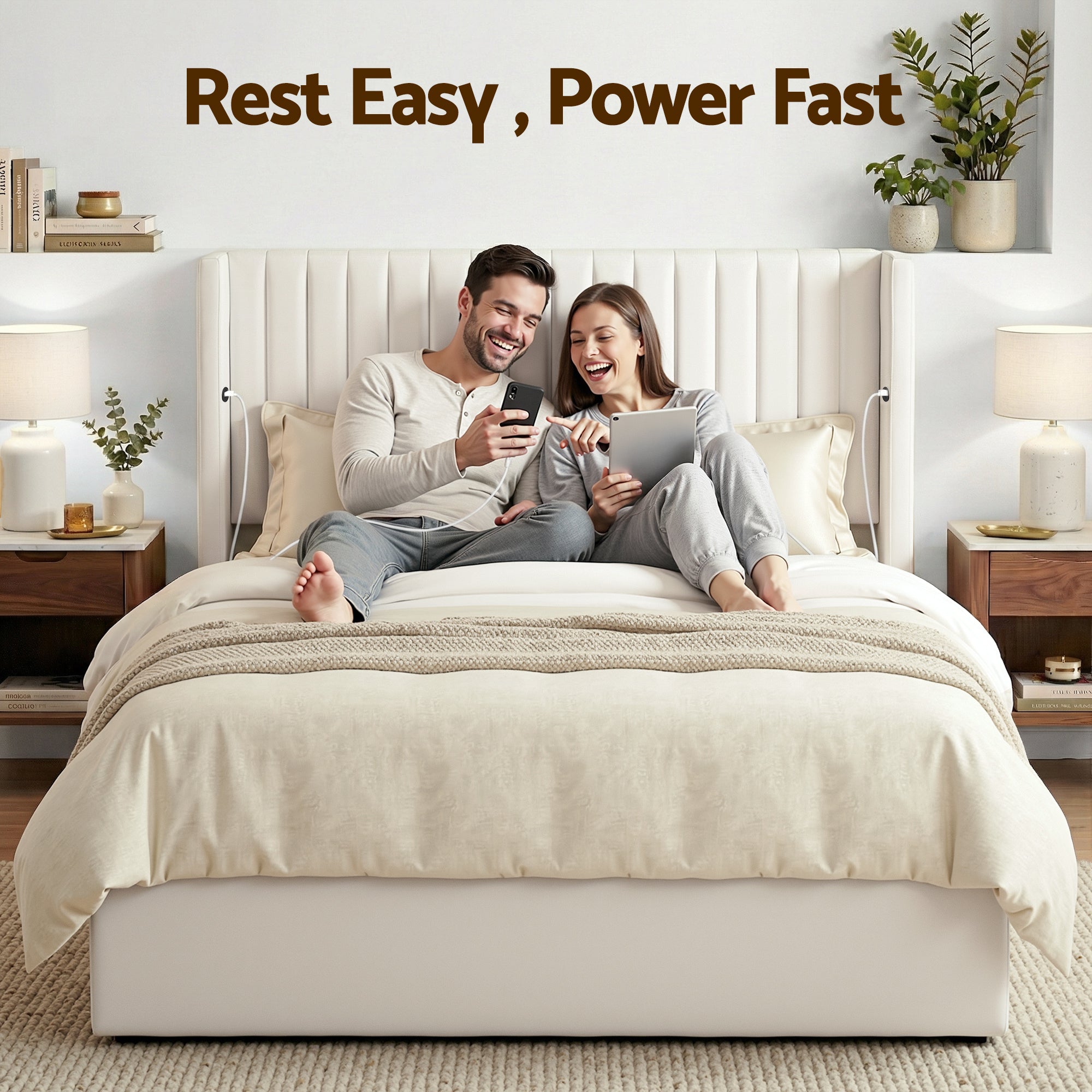 Artiss Queen Bed Frame with Gaslift Storage USB Type-C Charging Ports Velvet Upholstery White Bedworld