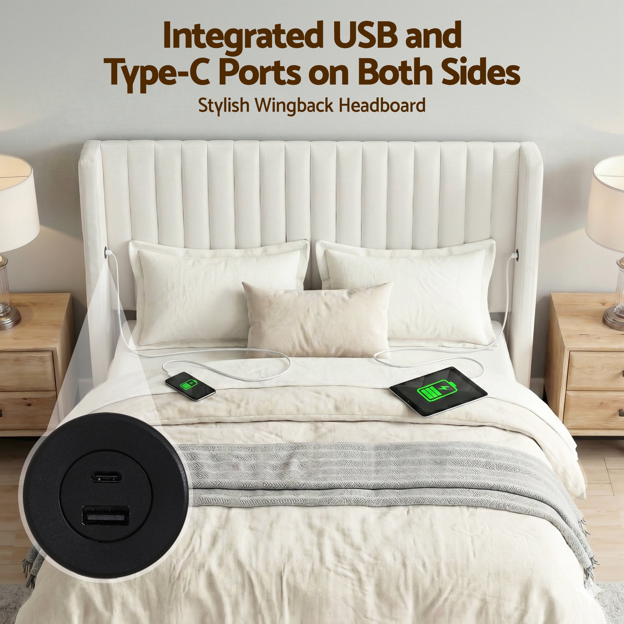 Artiss Queen Bed Frame with Gaslift Storage USB Type-C Charging Ports Velvet Upholstery White Bedworld