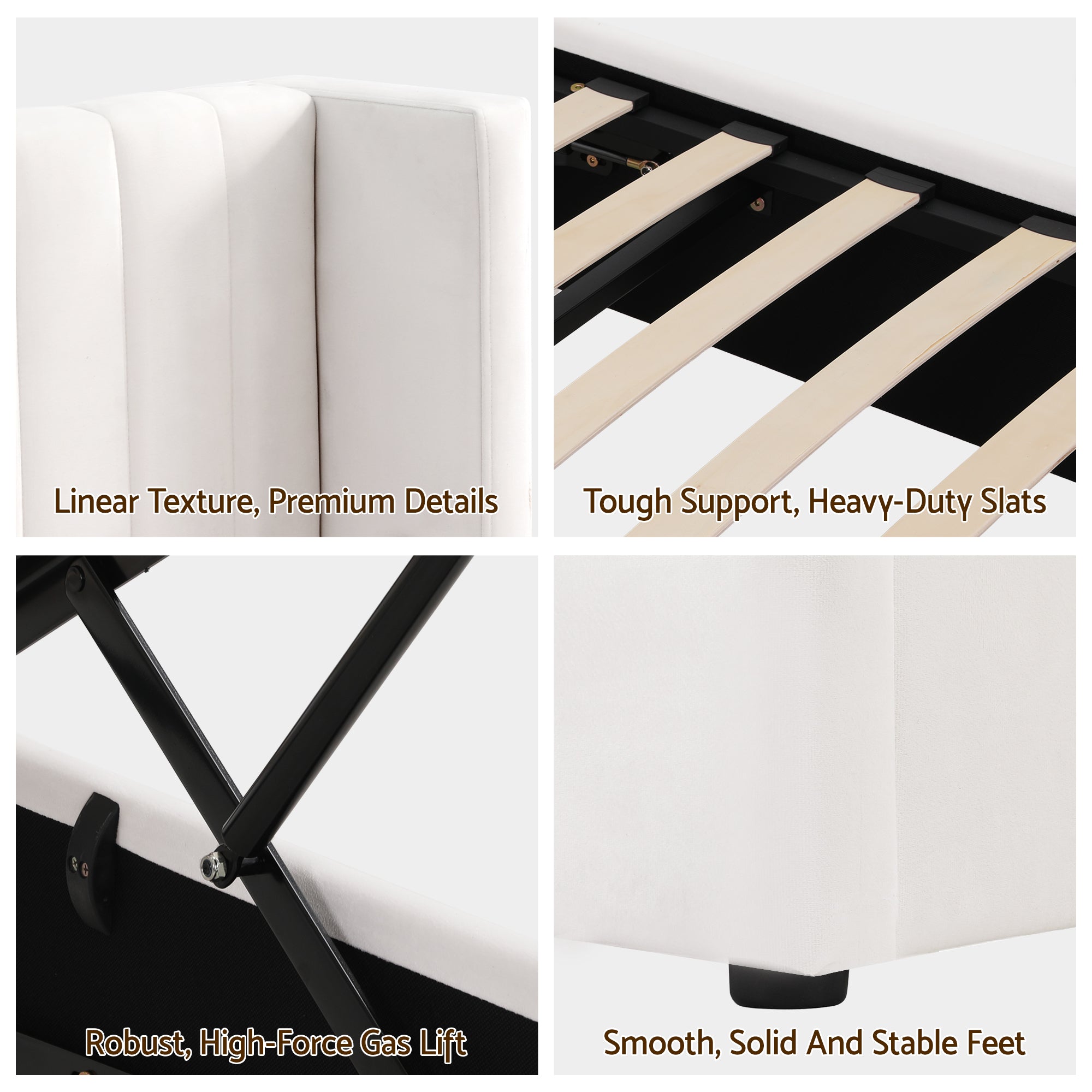 Artiss Queen Bed Frame with Gaslift Storage USB Type-C Charging Ports Velvet Upholstery White Bedworld