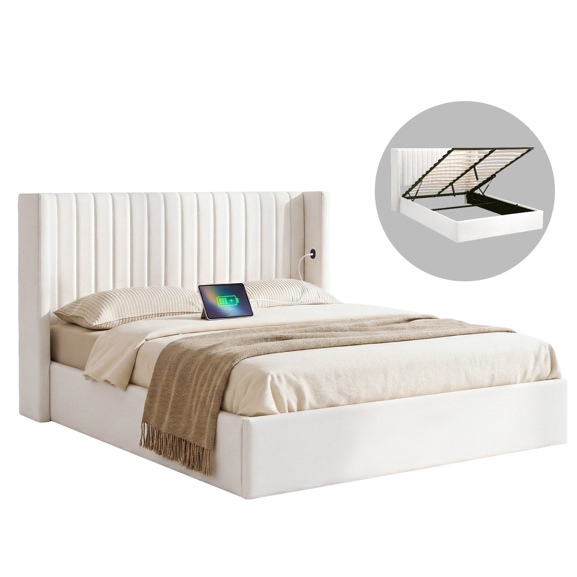 Artiss Queen Bed Frame with Gaslift Storage USB Type-C Charging Ports Velvet Upholstery White Bedworld