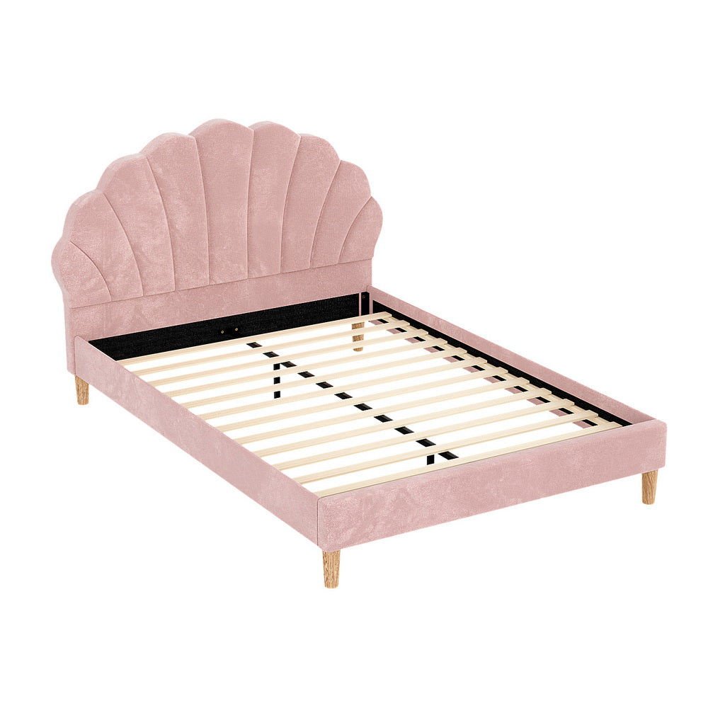 Artiss Bed Frame Double Size Scallop-Shape Bedhead Beds Base Pink Velvet Fabric