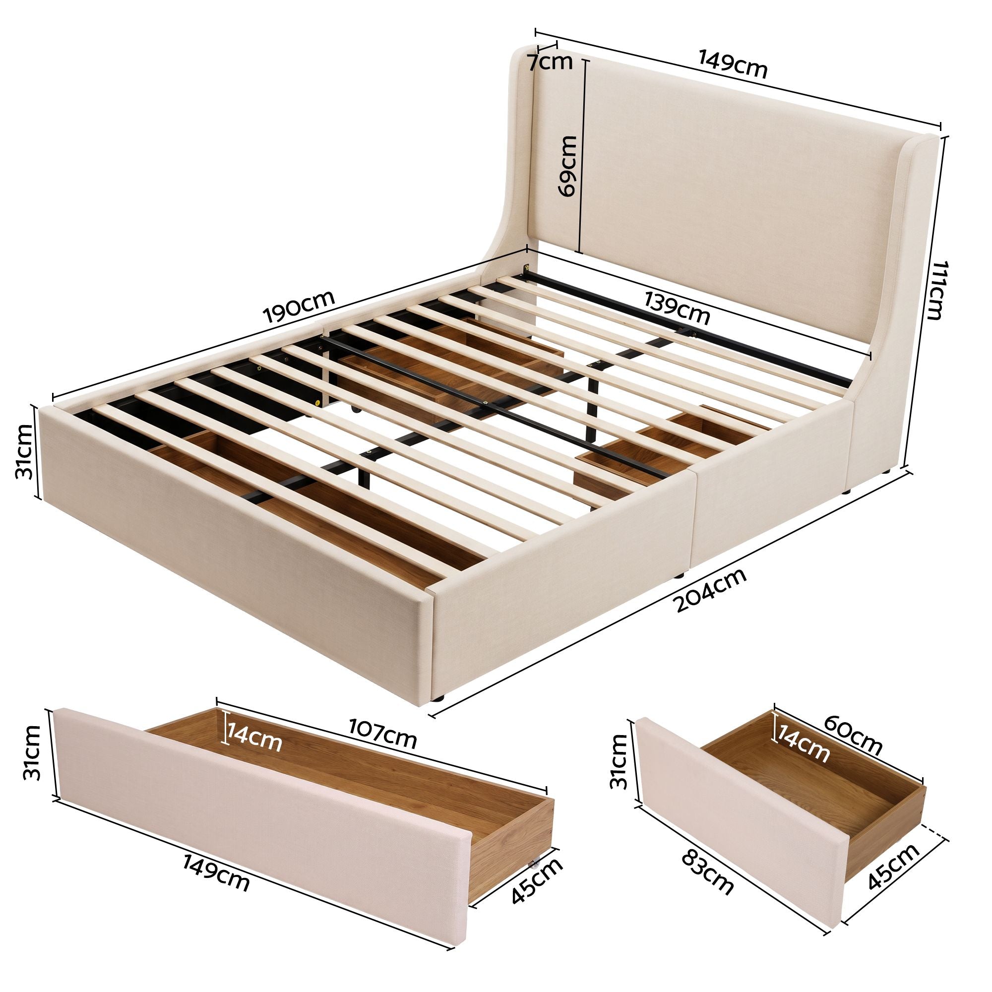 Artiss Double Upholstered Bed Frame with 3 Storage Drawers Wingback Headboard Heavy Duty Metal Platform Base Bedworld