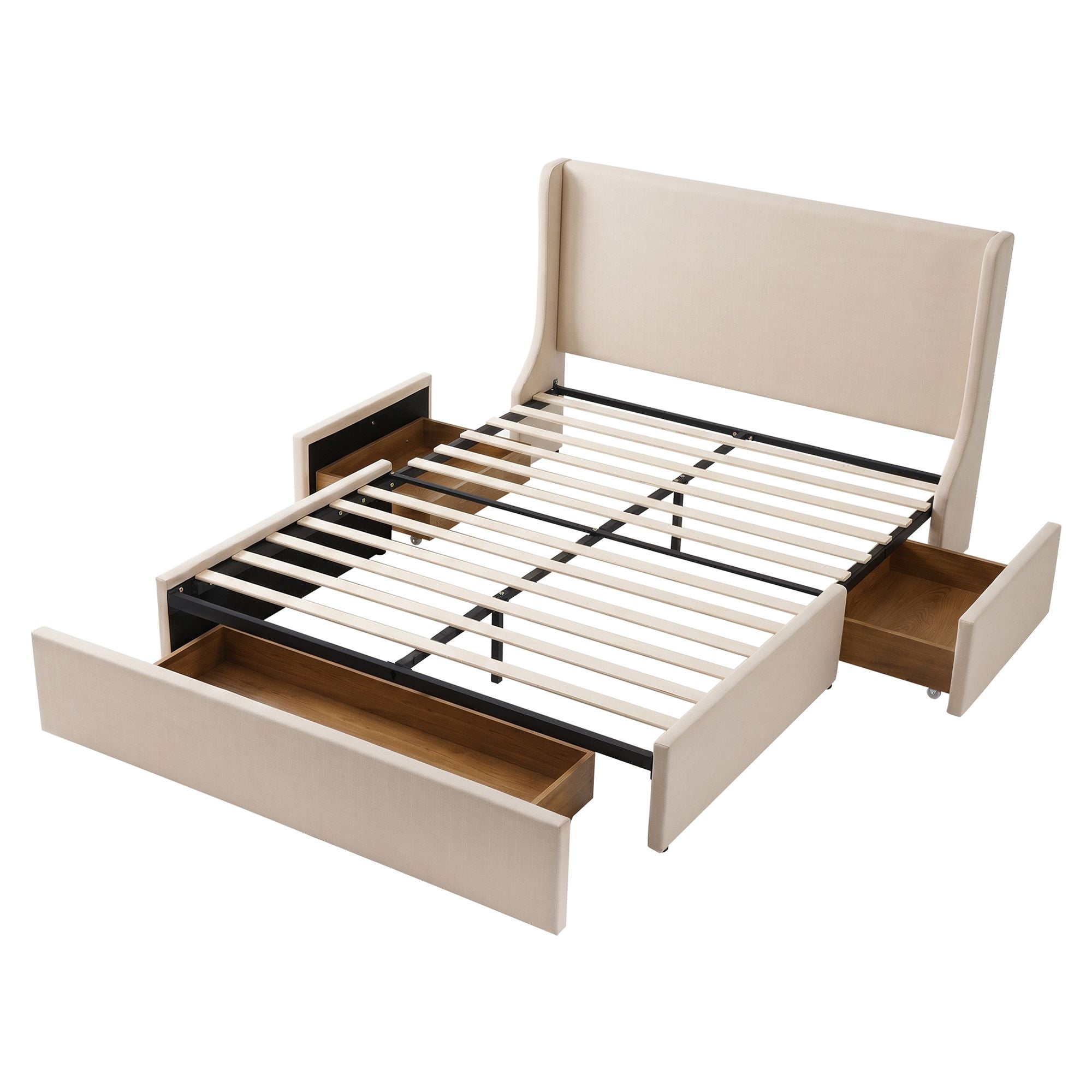 Artiss King Upholstered Bed Frame with 3 Storage Drawers Wingback Headboard Heavy Duty Metal Platform Base Bedworld