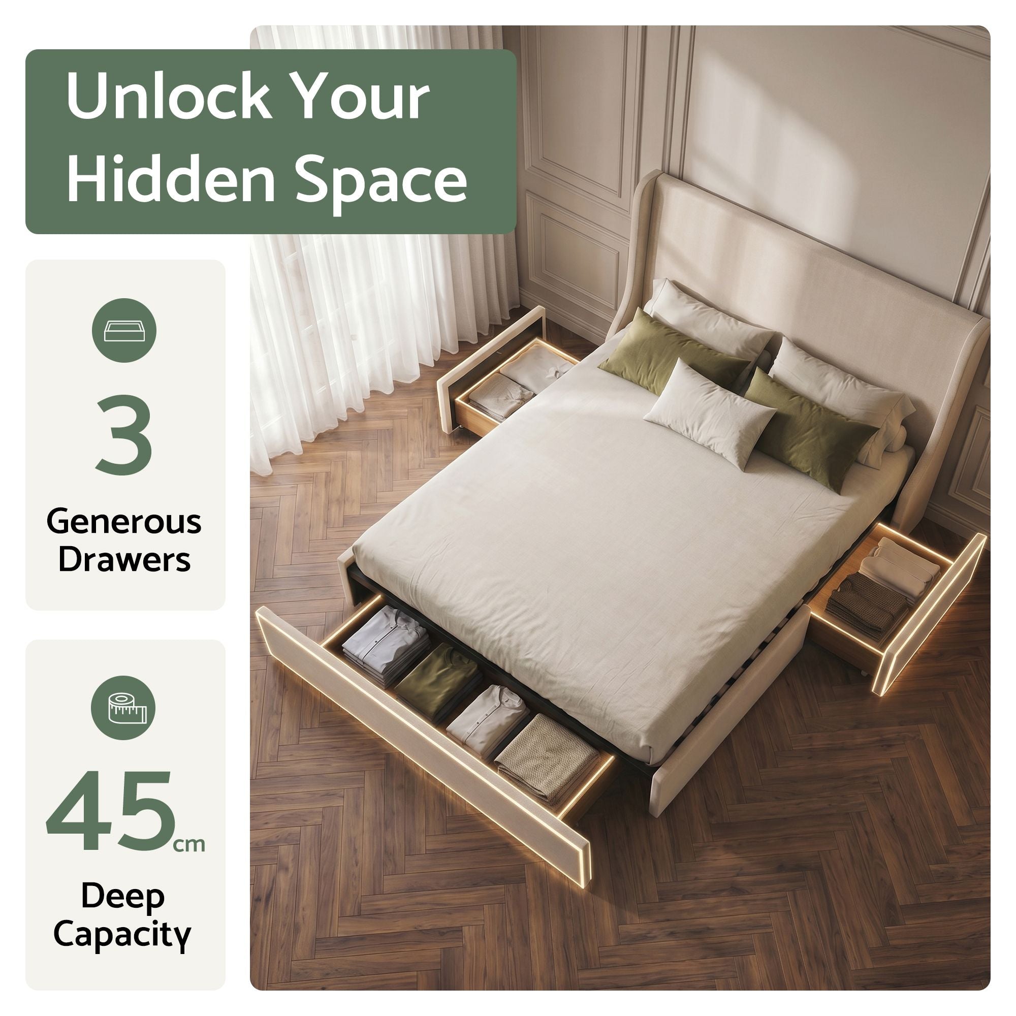 Artiss King Upholstered Bed Frame with 3 Storage Drawers Wingback Headboard Heavy Duty Metal Platform Base Bedworld