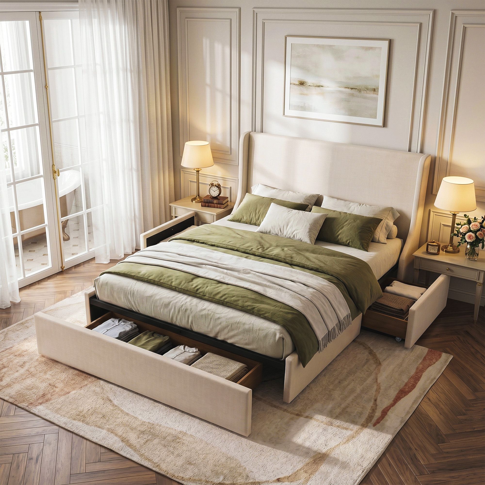 Artiss Queen Upholstered Bed Frame with 3 Storage Drawers Wingback Headboard Heavy Duty Metal Platform Base Bedworld
