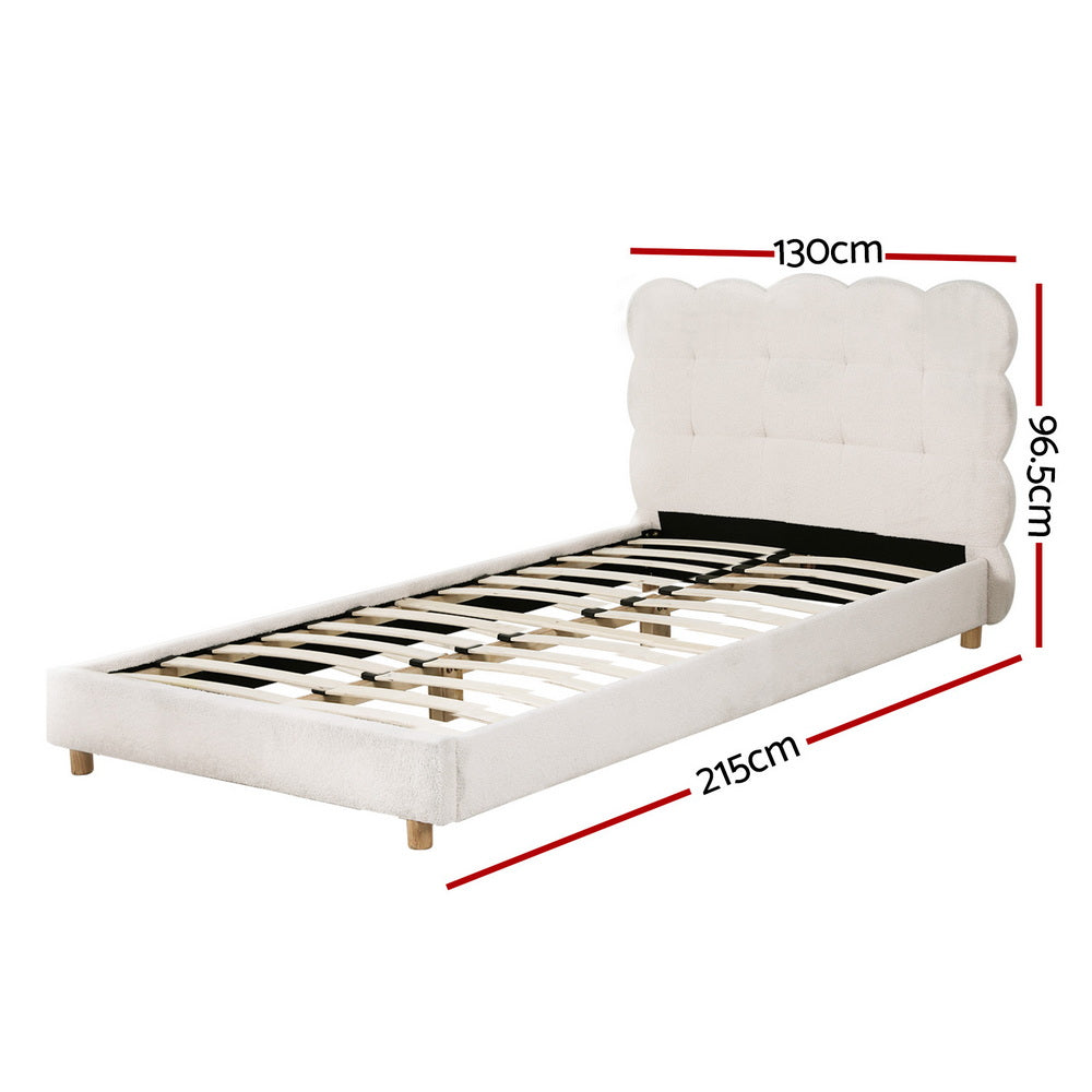 White cloud headboard platform bed frame with slatted base and visible measurements
