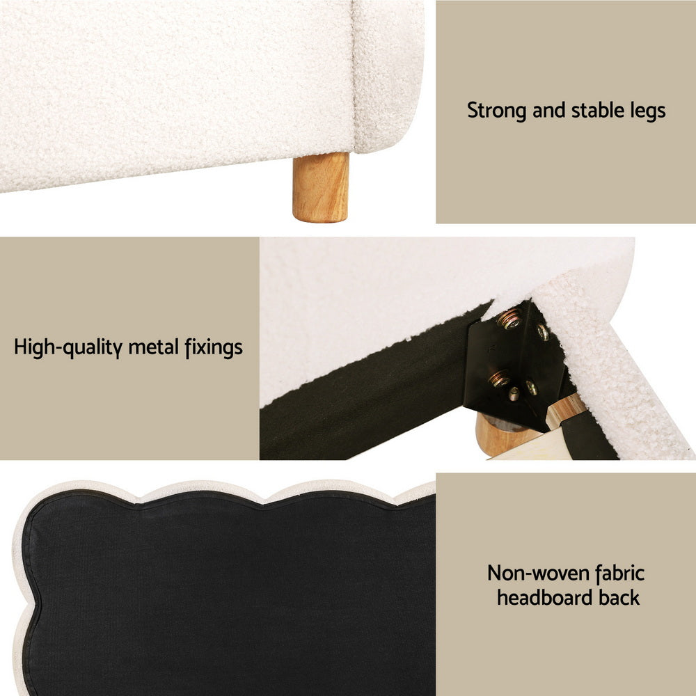 White upholstered bed frame details: sturdy legs, metal fixings, and non-woven headboard back