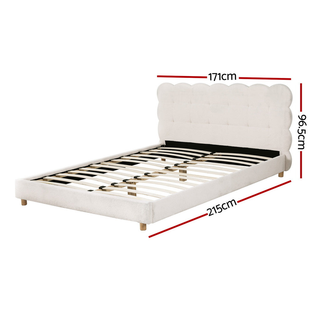 White boucle queen bed frame with cloud headboard and slatted platform base
