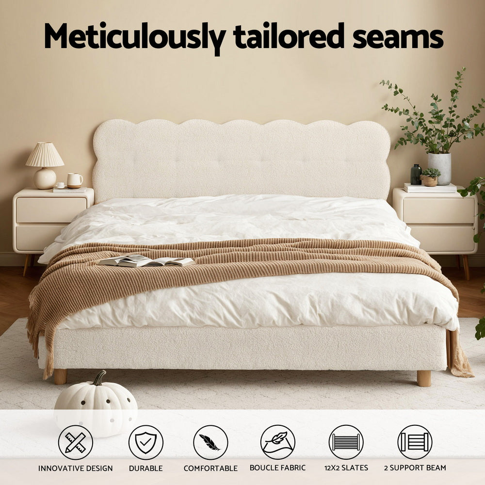 White boucle queen bed frame with tufted cloud headboard and cushioned platform