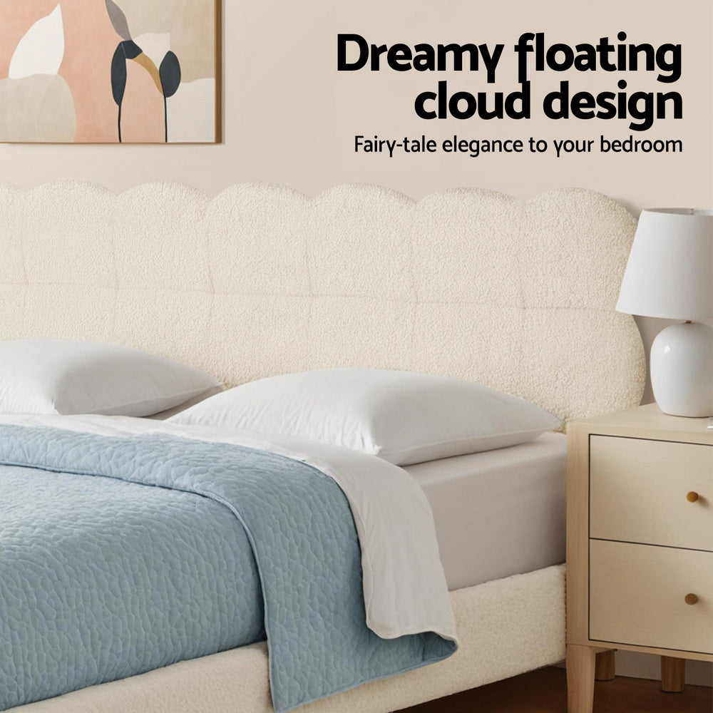 White boucle queen bed frame with rounded cloud headboard and padded side panels