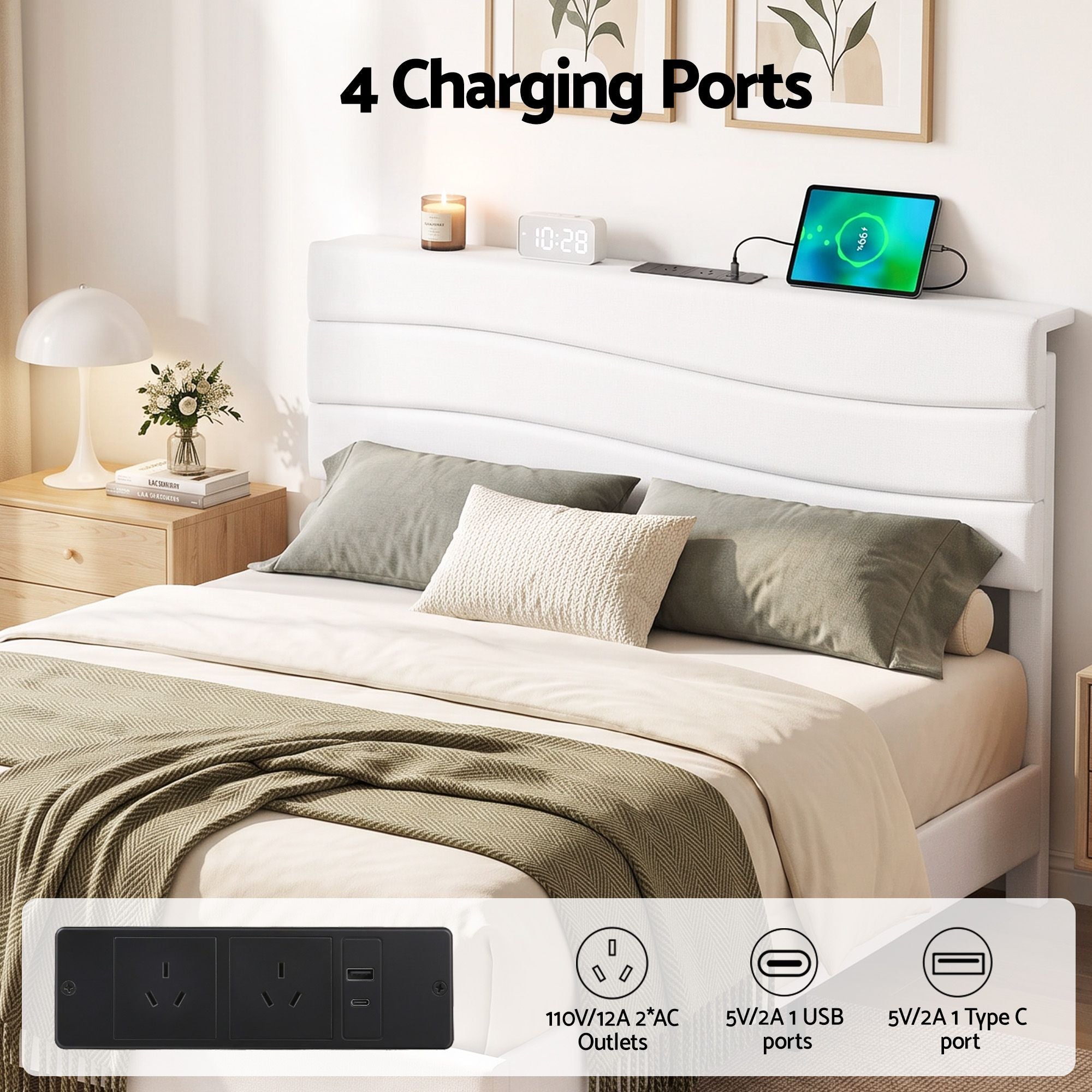 Artiss Double Bed Frame with Adjustable Headboard Platform Base Linen Fabric Charging Ports Bedworld