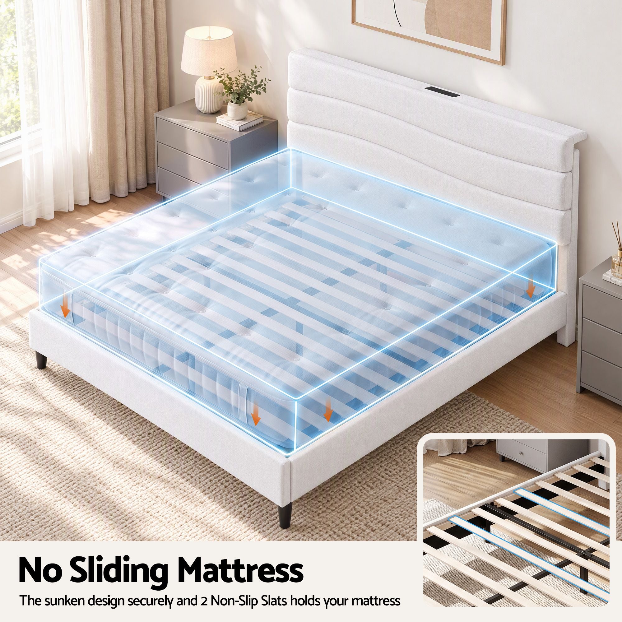 Artiss Double Bed Frame with Adjustable Headboard Platform Base Linen Fabric Charging Ports Bedworld