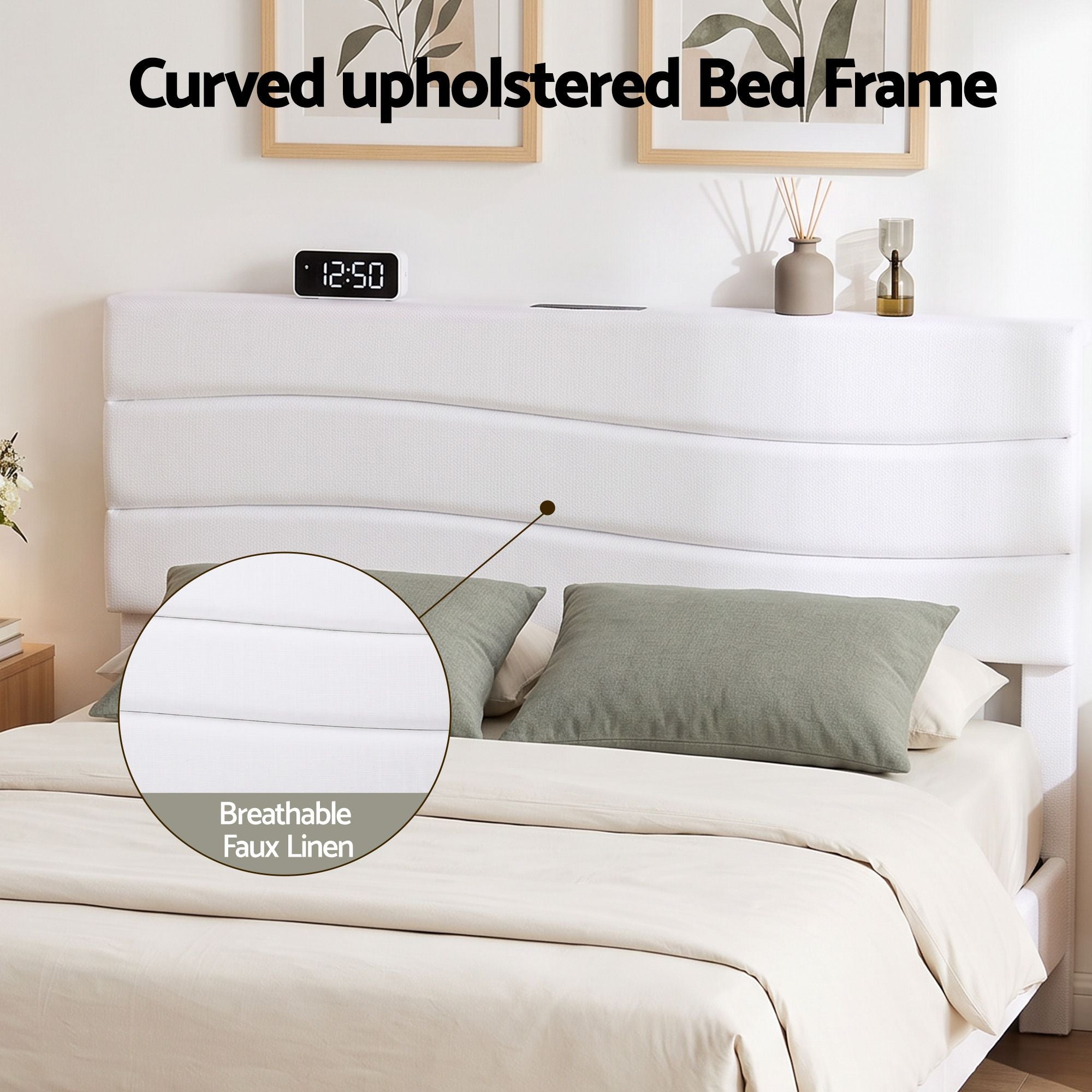 Artiss Double Bed Frame with Adjustable Headboard Platform Base Linen Fabric Charging Ports Bedworld