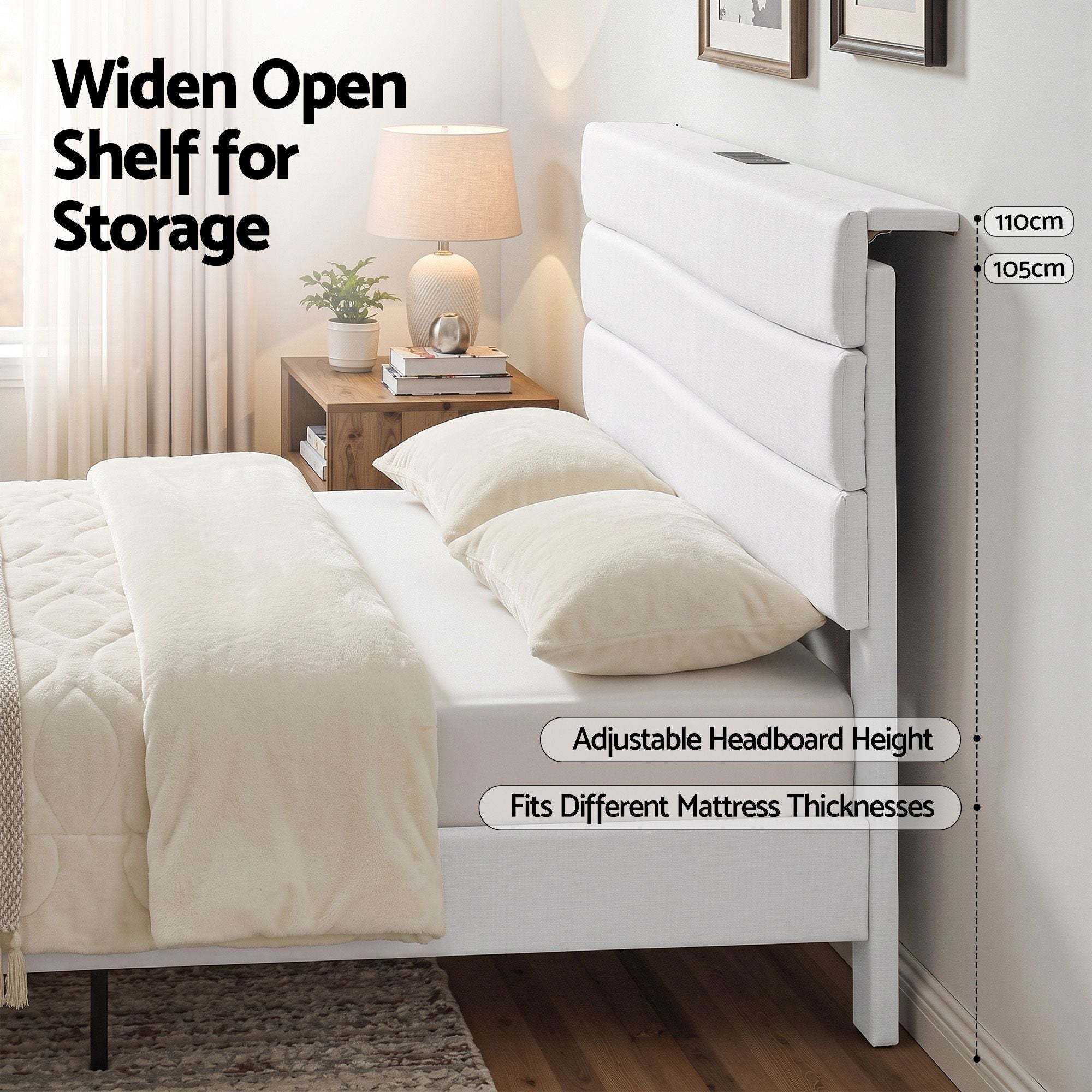 Artiss Double Bed Frame with Adjustable Headboard Platform Base Linen Fabric Charging Ports Bedworld