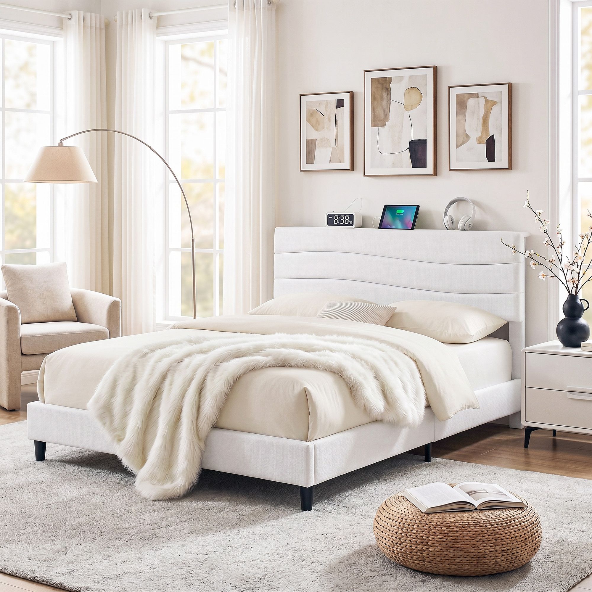 Artiss Queen Bed Frame with Storage Adjustable Headboard Platform Base Linen Fabric Charging Ports Bedworld