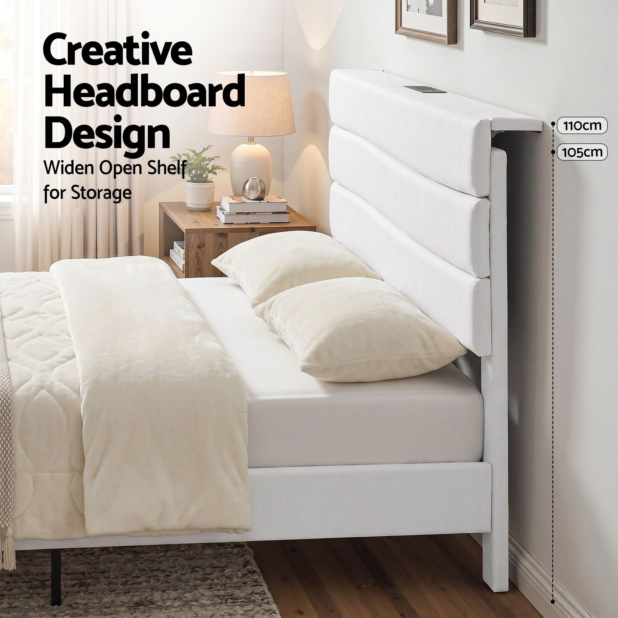 Artiss Queen Bed Frame with Storage Adjustable Headboard Platform Base Linen Fabric Charging Ports Bedworld