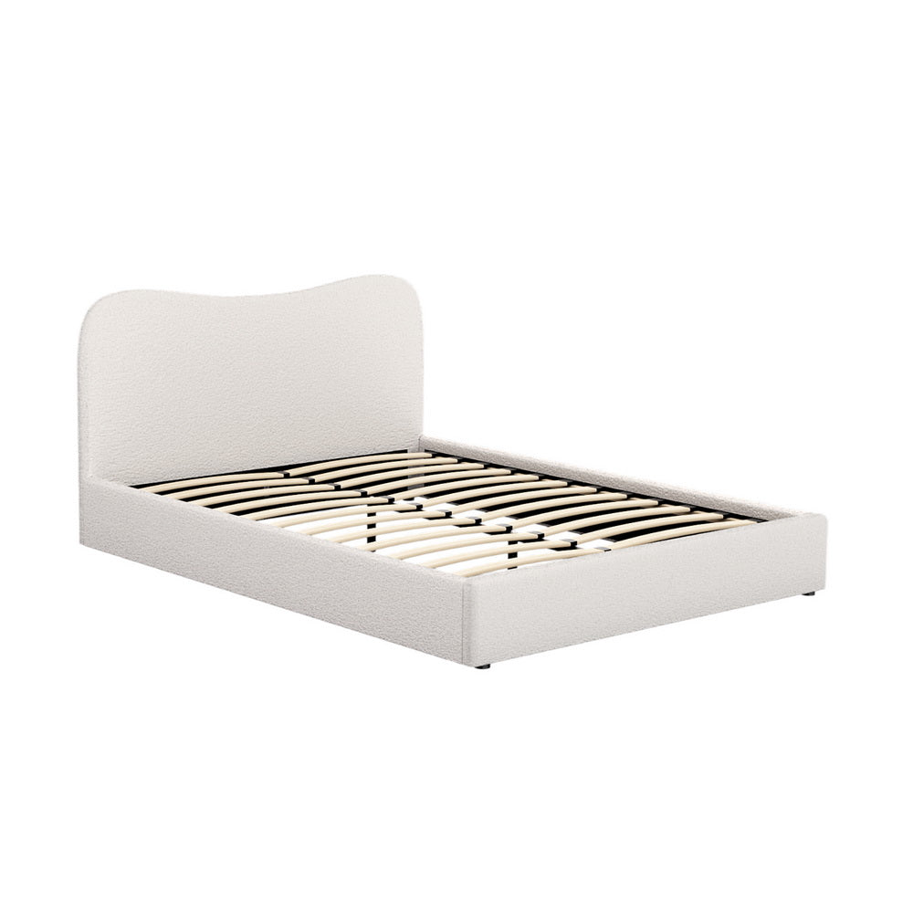 Boucle queen bed frame with curved headboard and slatted base, cream